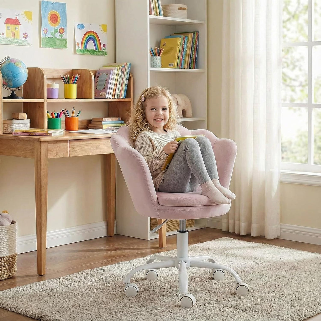 chairus Cute Kids Desk Chair Velvet Living Room Accent Armchair Upholstered Teens Vanity Chair with Seashell Back, Adjustable Swivel Children Study Chair for Computer Homework, Pink