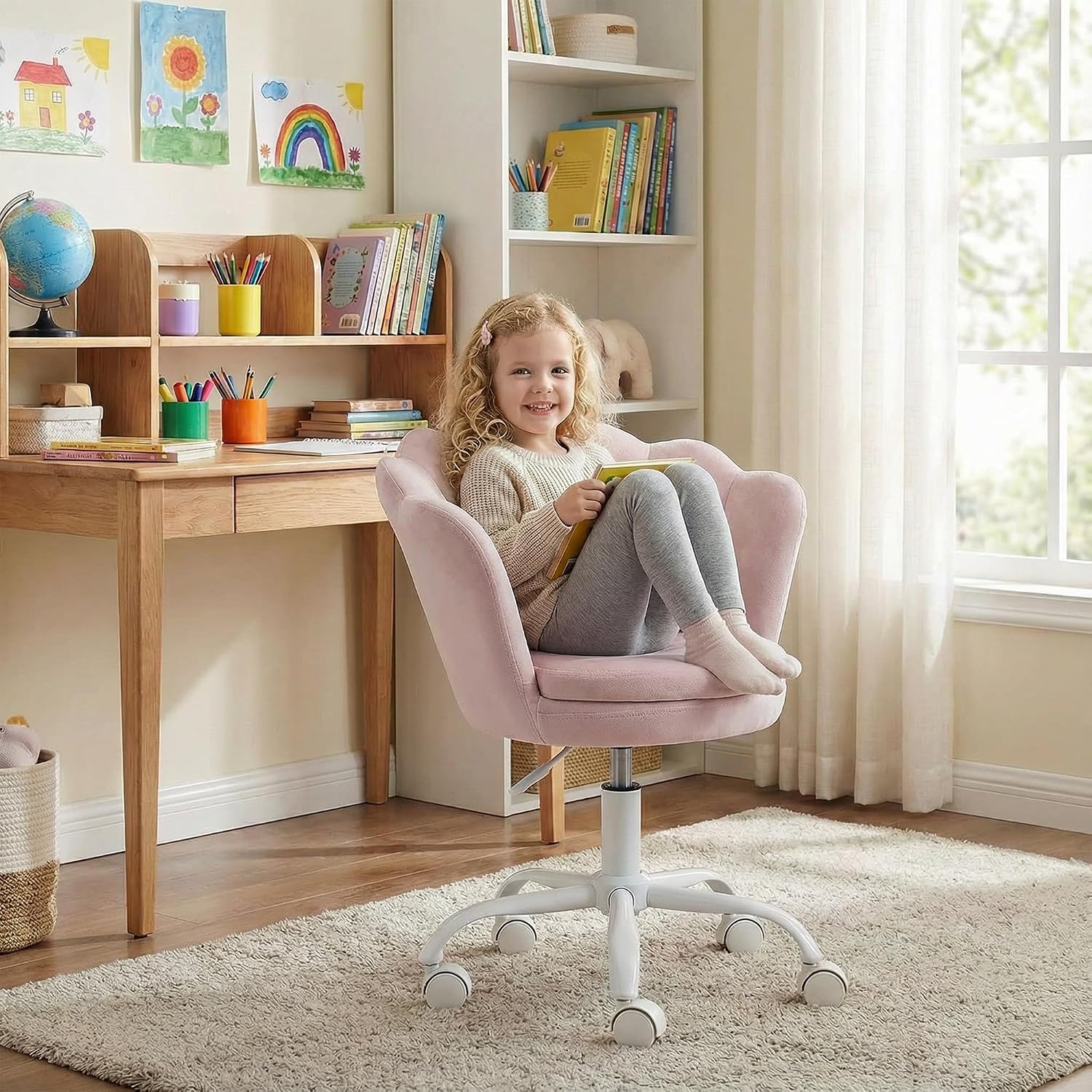 chairus Cute Kids Desk Chair Velvet Living Room Accent Armchair Upholstered Teens Vanity Chair with Seashell Back, Adjustable Swivel Children Study Chair for Computer Homework, Pink