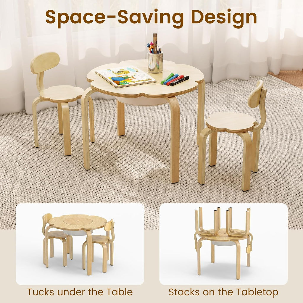 Olakids Kids Table and Chair Set, Wooden Toddler Activity Desk with Center Storage Basket, Ideal 3-Piece Children Furniture for Art Crafts Playing Eating Drawing Reading