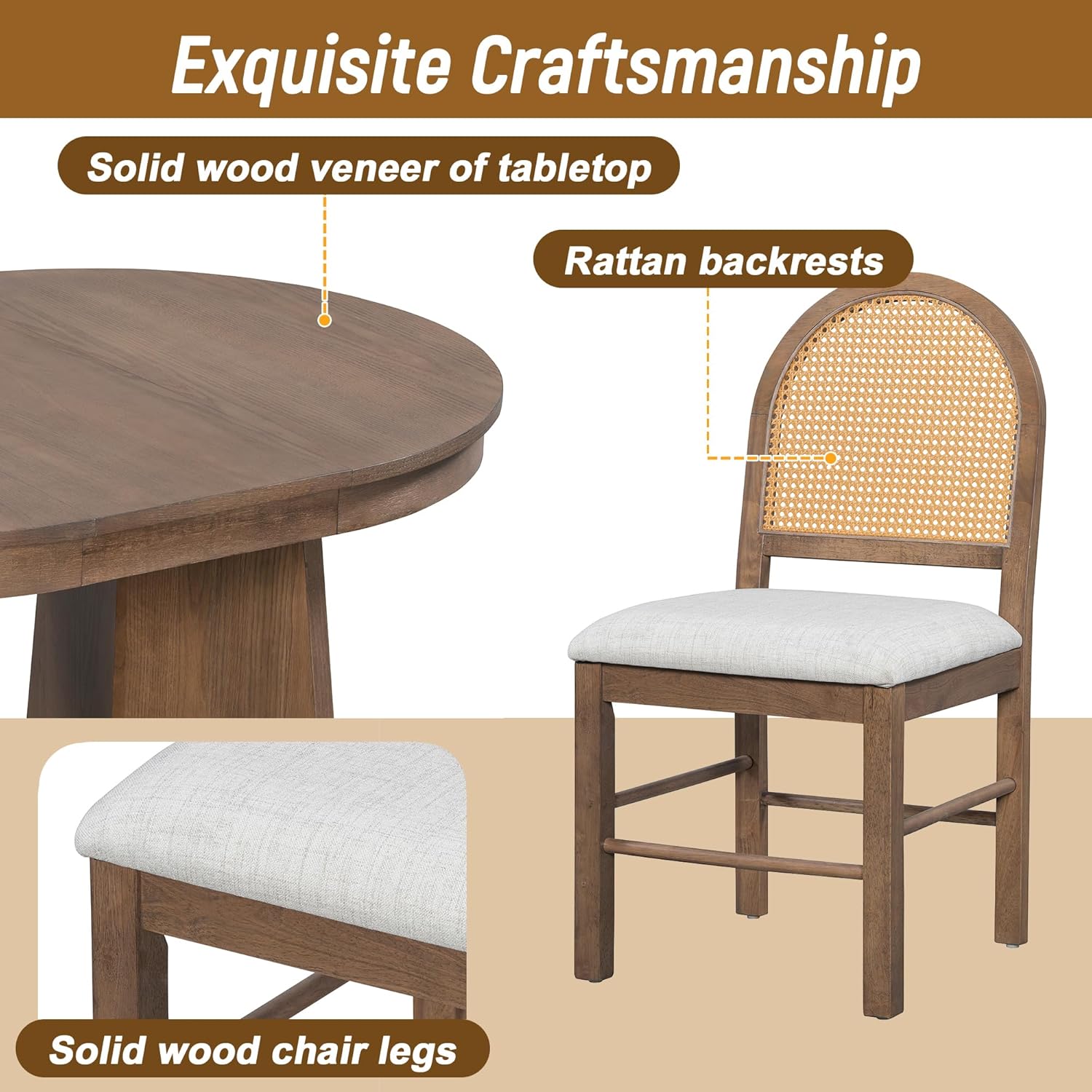 Harper & Bright Designs 5-Piece Extendable Round Dining Table Set for 4, Modern Kitchen Table Set with 4 Upholstered Chairs, Kitchen Table and Chairs Set for Kitchen Dining Room Home, Walnut+Beige