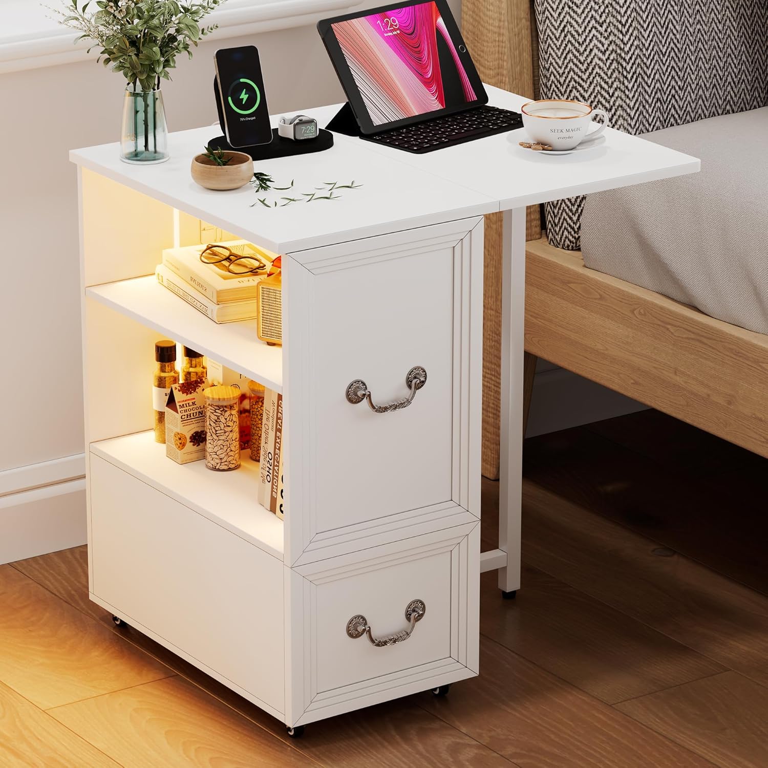 Dystler Side Table with Charging Station and LED Lights, 27.5" Tall Rolling End Table with Drawers and Shelves, Narrow Nightstand with Wheels for Small Space, Living Room, Bedroom, White