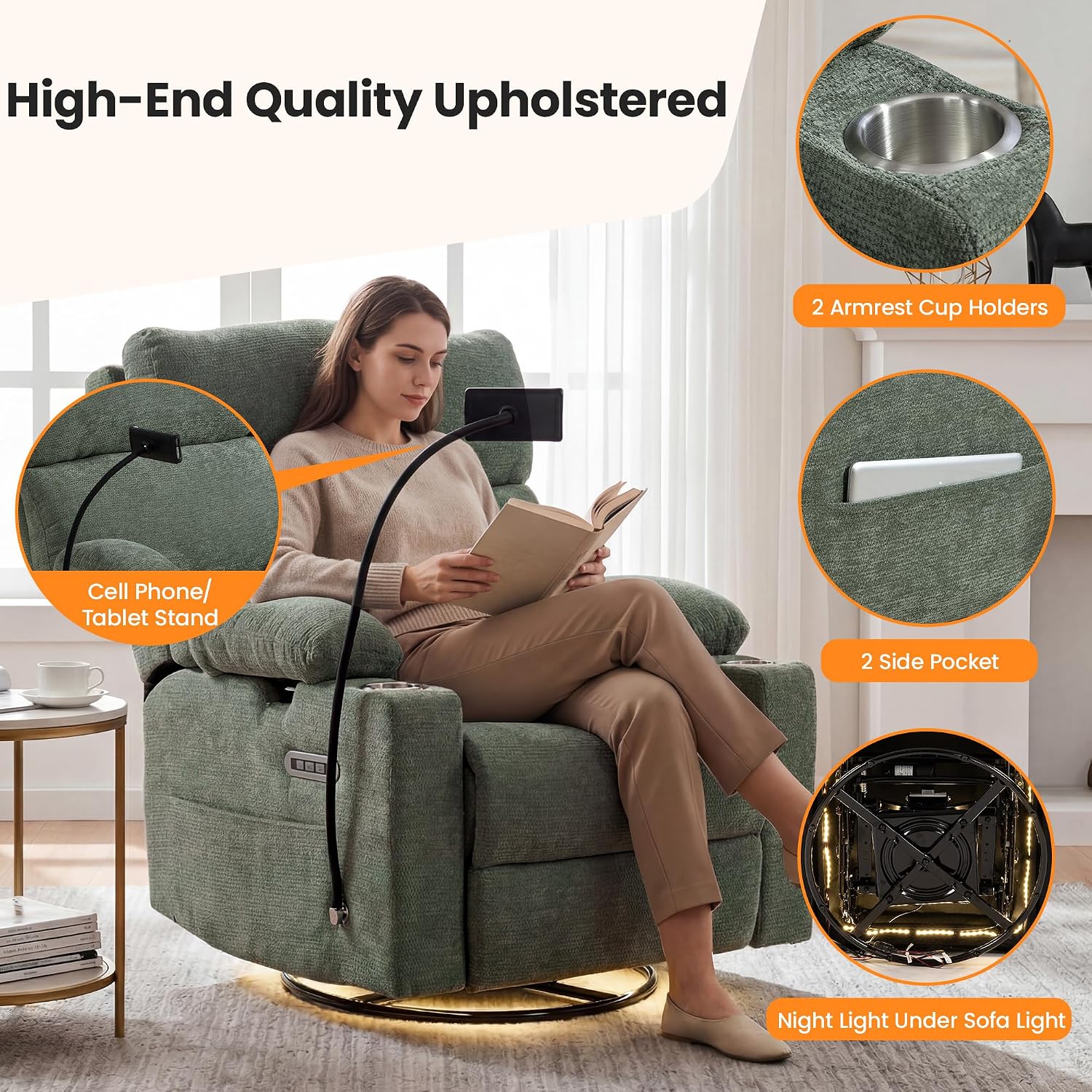 FiveWillowise Power Rocking Chair Nursery with Adjustable Arms&Headrest | Glider Recliner Chair, Swivel Reading Chair with Electric Lumbar Support, Cup Holder, Nightlight and USB Ports,Green