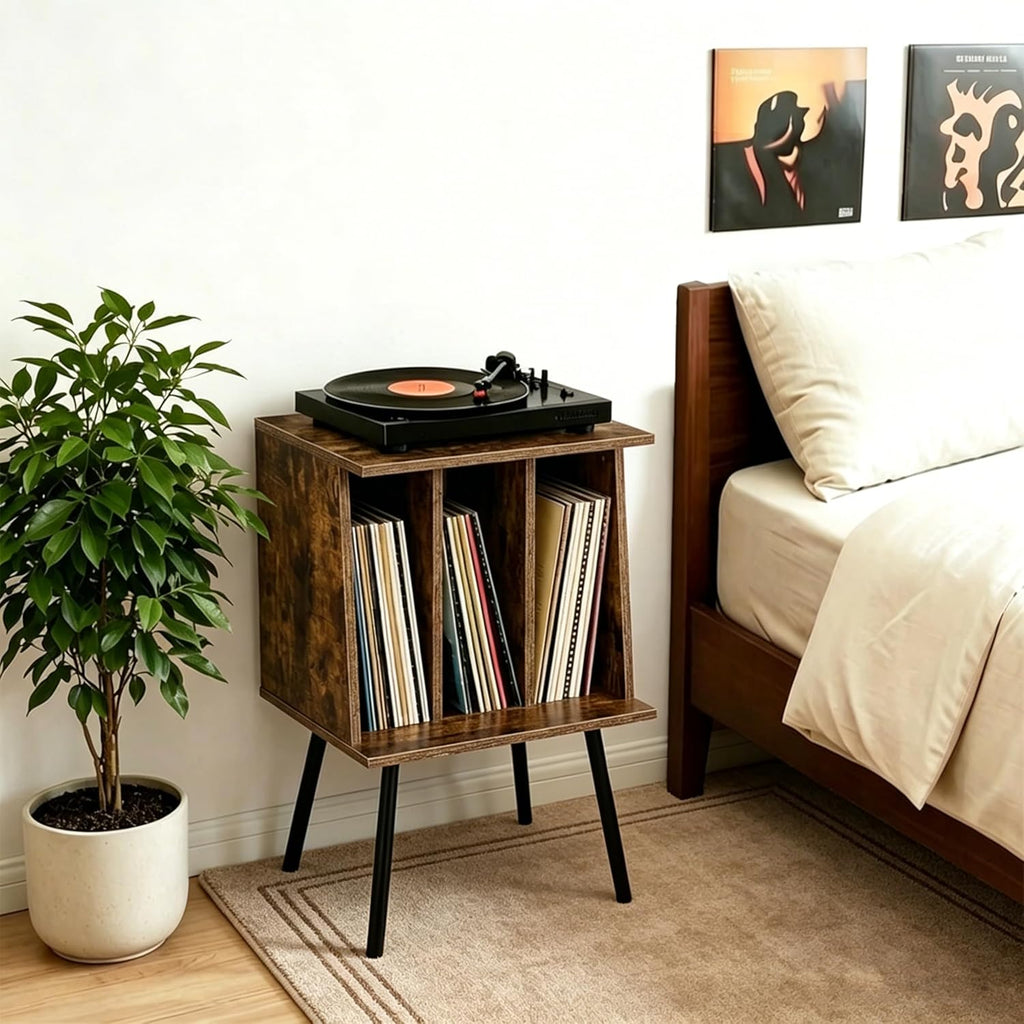 Record Player Table, Vinyl Record Stand, Vinyl Record Holder with Legs, Mid Century Modern Side Table for Record, Magazine, Books