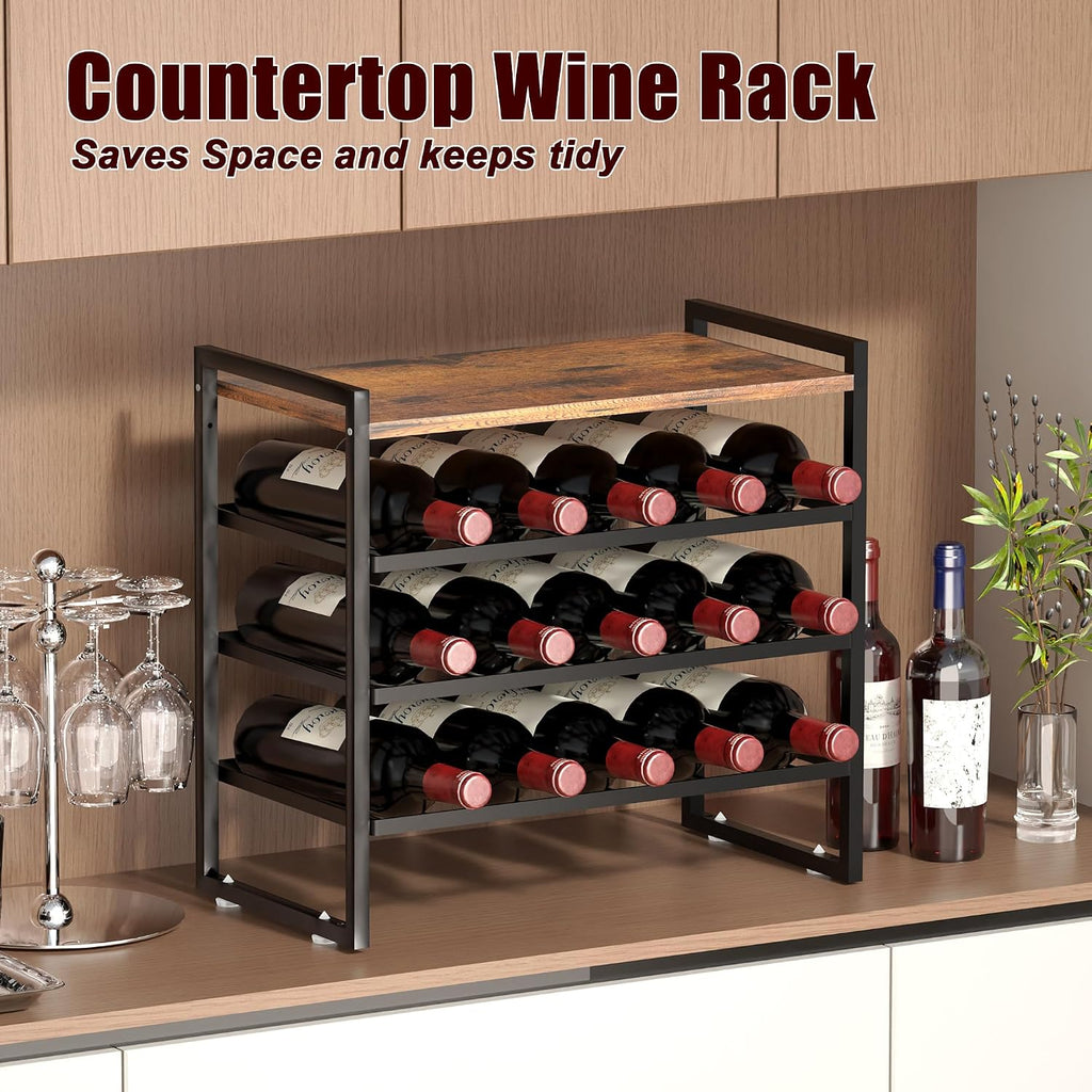 4-Tier Wine Rack Countertop, 15 Bottle Wine Rack for Inside Cabinet, Metal Wine Bottle Holder with Table Top, Wine Storage Shelf for Kitchen, Bar, Dining Room