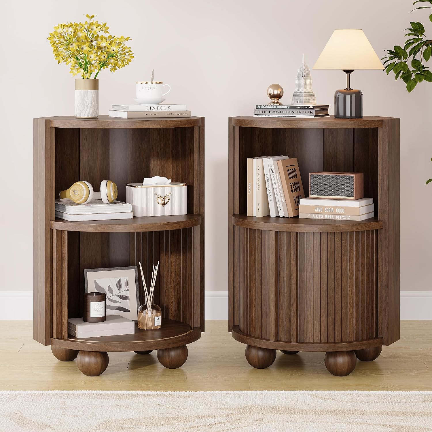 Decofy Modern Round Nightstands Set of 2 with Sliding Doors and 2 Storage Shelves, Modern Bedside End Table, Suitable for Bedroom (Walnut)