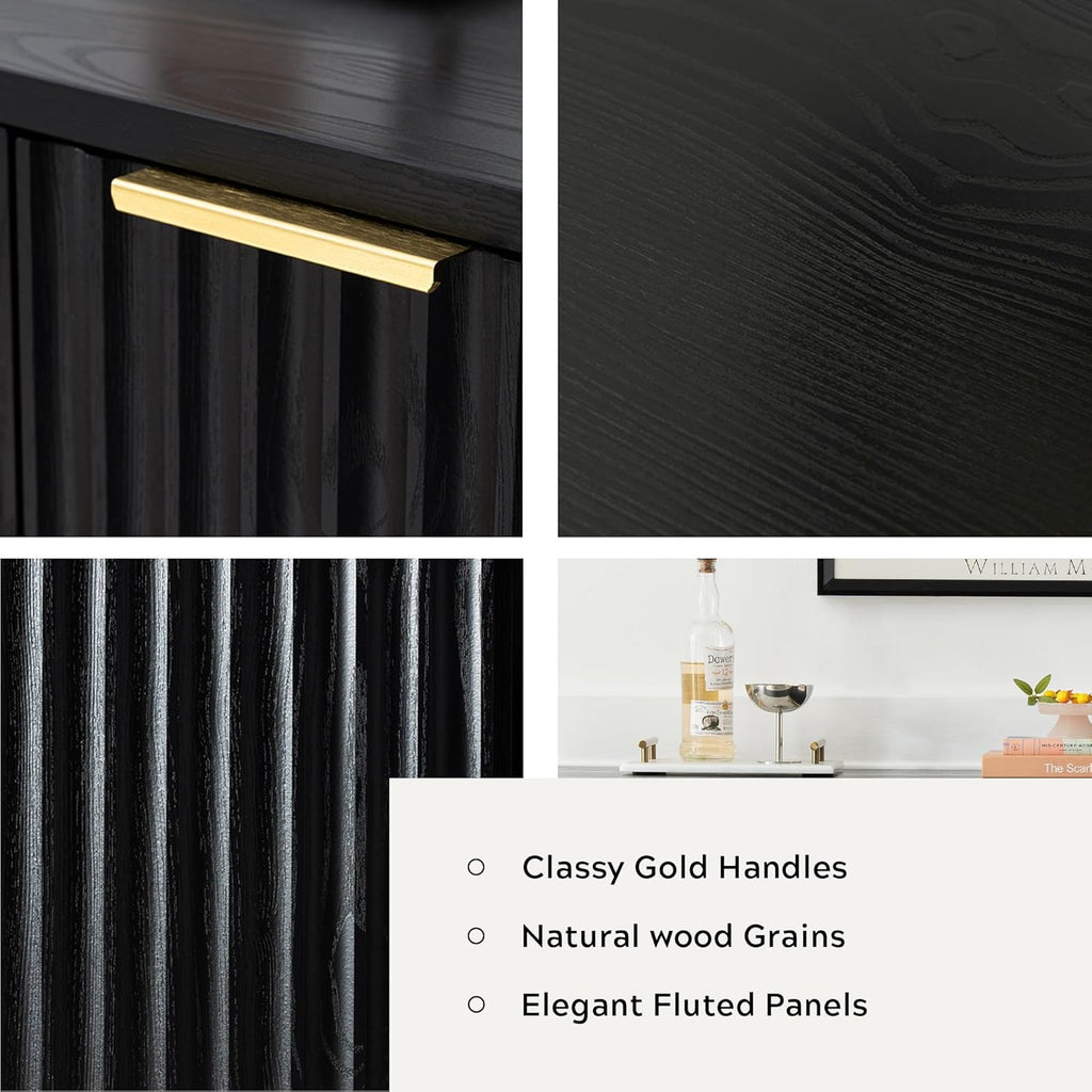Fluted Storage Cabinet with 3 Doors, Sideboard Buffet Cabinets with Adjustable Shelves, Multifunctional Console Table with Storage Credenza for Living Room, Hallway, Black