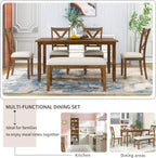 Merax 60" Farmhouse Dining Table Set for 6, Wooden Rectangular Dining Kitchen Table with 4 Fabric Chairs & Bench, 6-Piece Dining Room & Living Room Furniture, Natural Cherry
