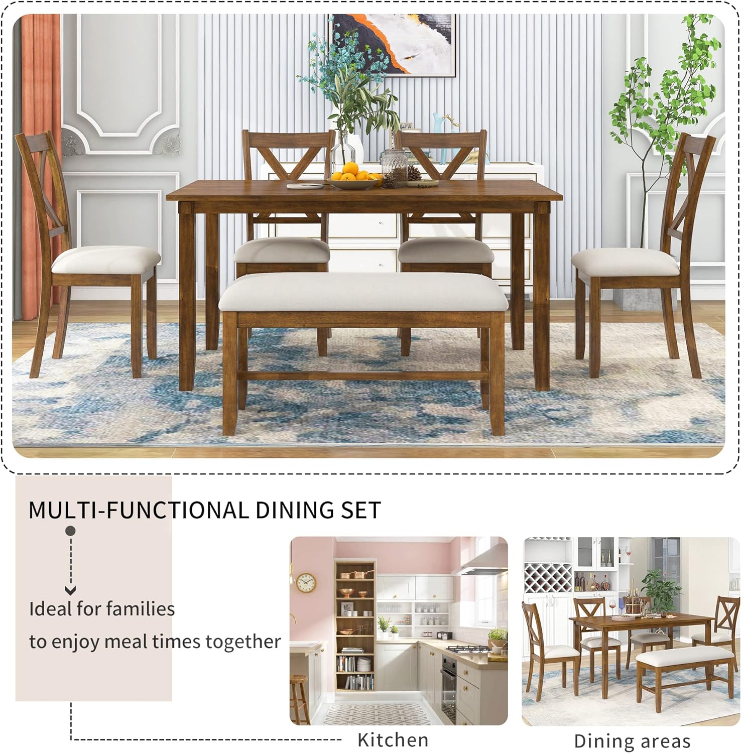 Merax 60" Farmhouse Dining Table Set for 6, Wooden Rectangular Dining Kitchen Table with 4 Fabric Chairs & Bench, 6-Piece Dining Room & Living Room Furniture, Natural Cherry