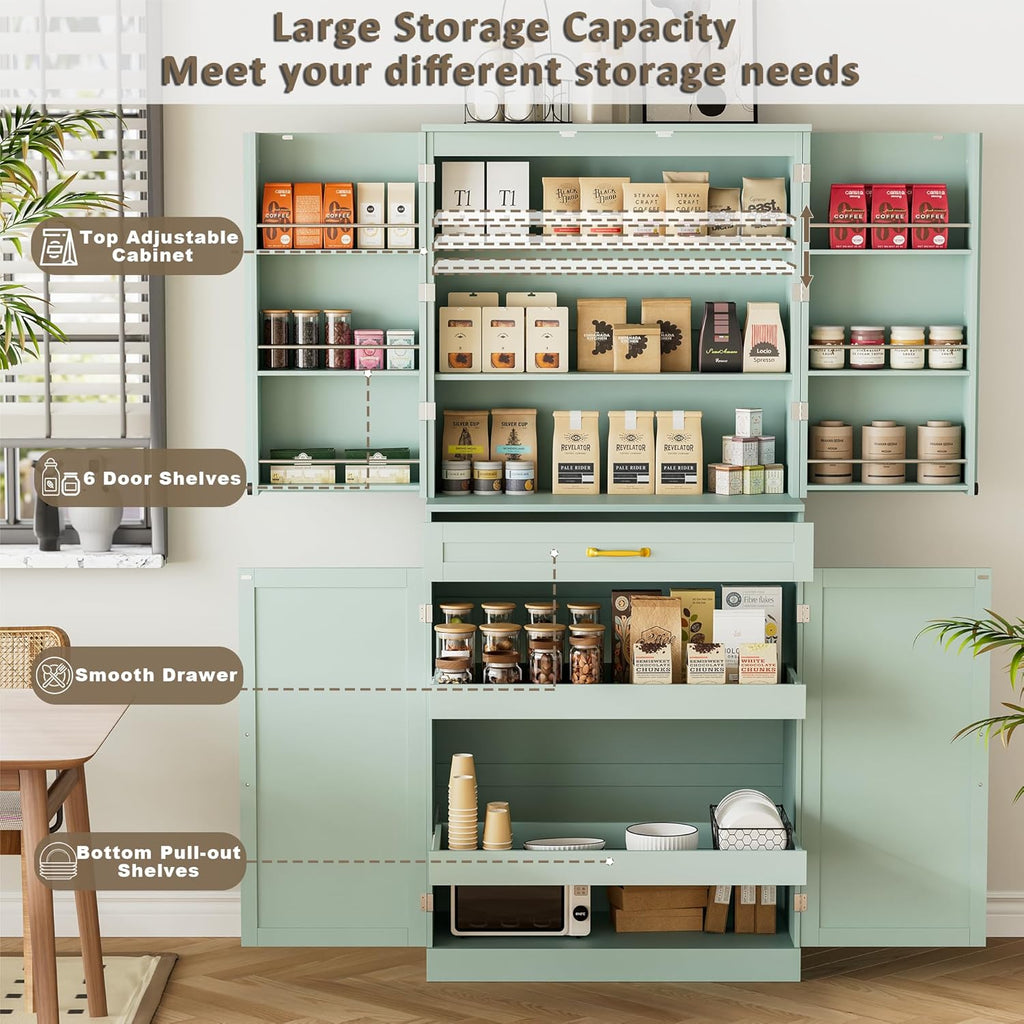 HQZX 71’’ Tall Kitchen Pantry Cabinet, Pantry Storage Cabinet with 6 Doors Shelves, Large Drawer & 2 Pull Out Shelves, Freestanding Cupboard for Kitchen, Dining Room, Green