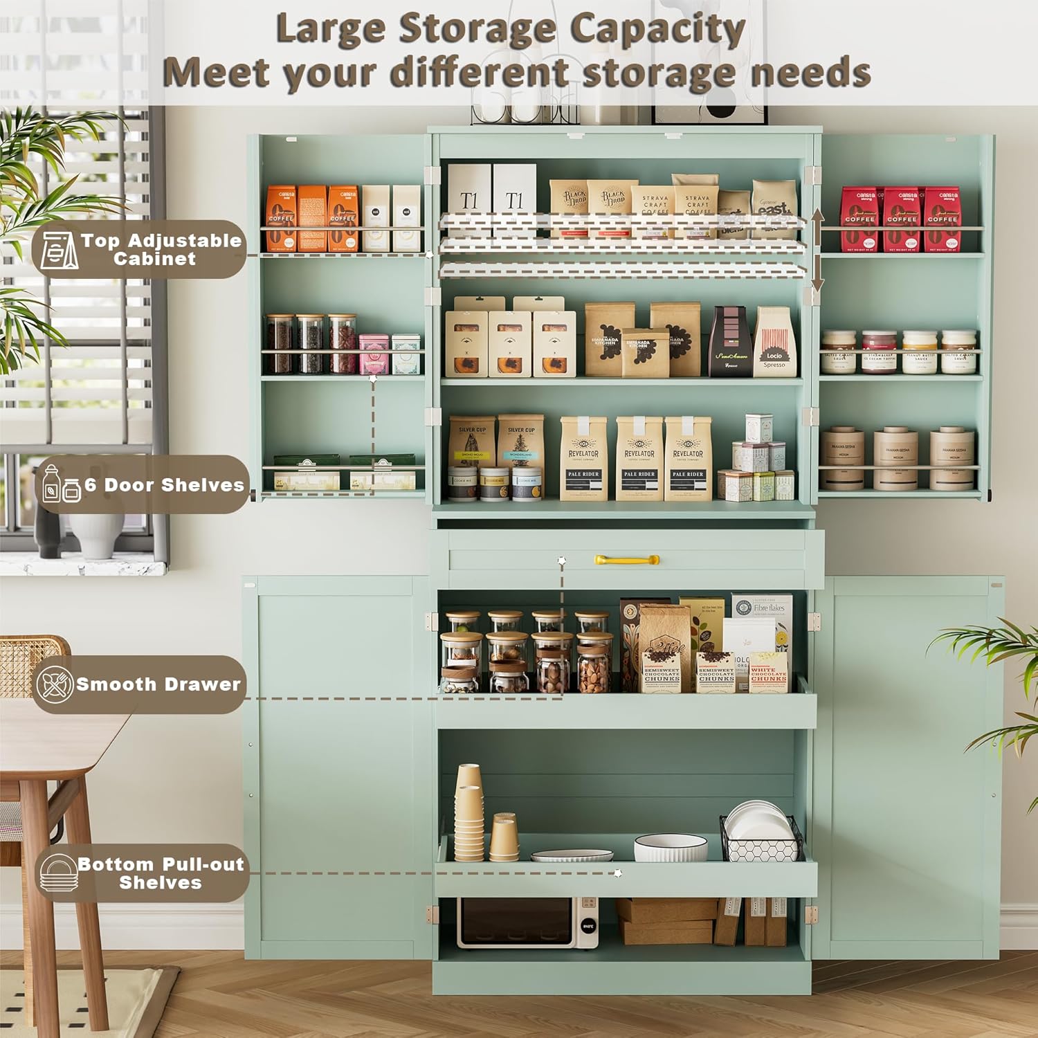 HQZX 71’’ Tall Kitchen Pantry Cabinet, Pantry Storage Cabinet with 6 Doors Shelves, Large Drawer & 2 Pull Out Shelves, Freestanding Cupboard for Kitchen, Dining Room, Green