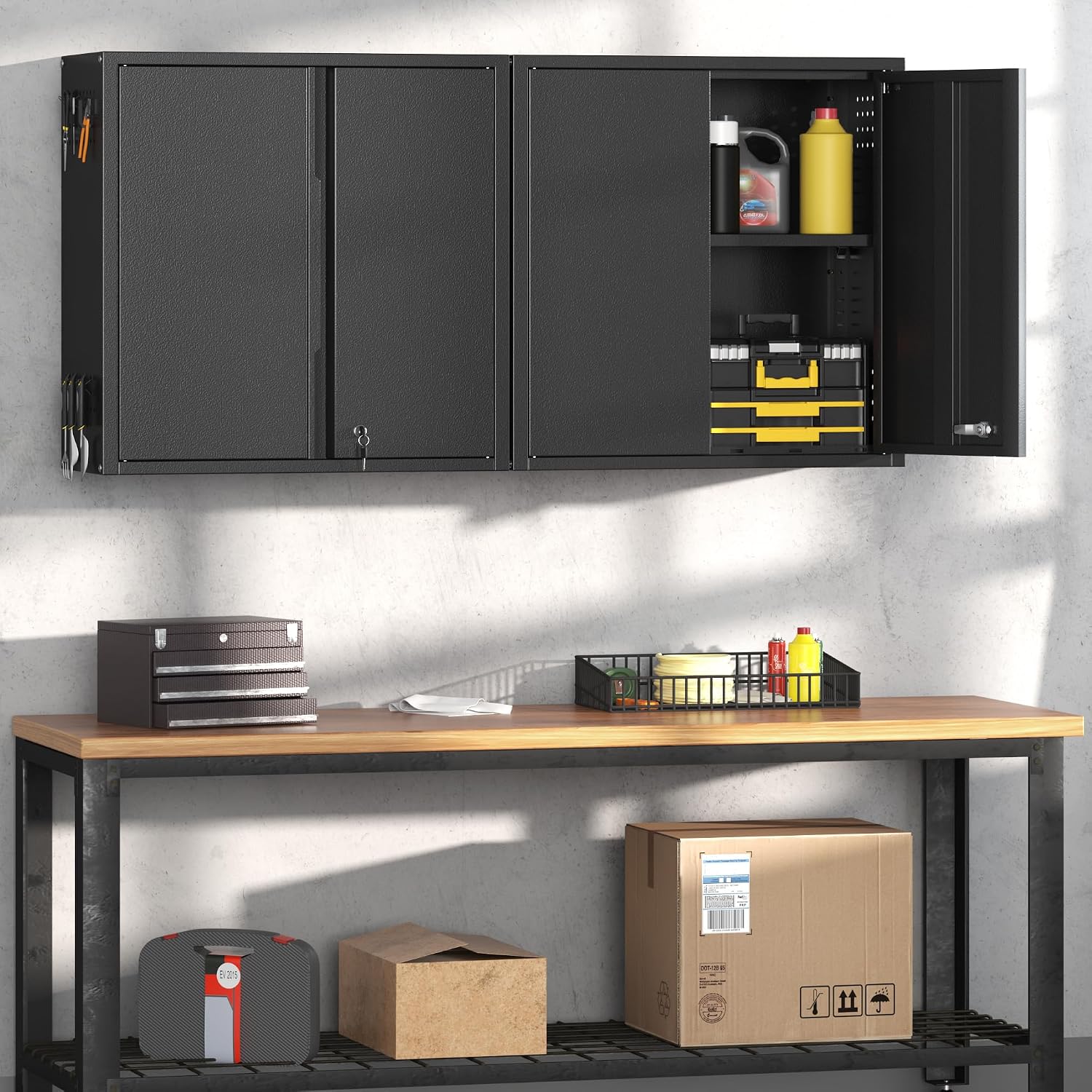 Coolsun Garage Wall Cabinet, 26" H Metal Wall Cabinet with Lockable Doors and Adjustable Shelf, Wall Mounted Metal Storage Cabinets for Garage Assembly Required (26" H Black)