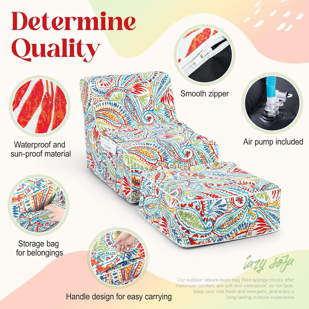 Gemscream Outdoor Inflatable Bean Bag Chair and Ottoman, Portable Inflatable Bean Bag and Ottoman with Handle for Patio Garden Home Boho Decorative Living Room (Paisley Pattern)