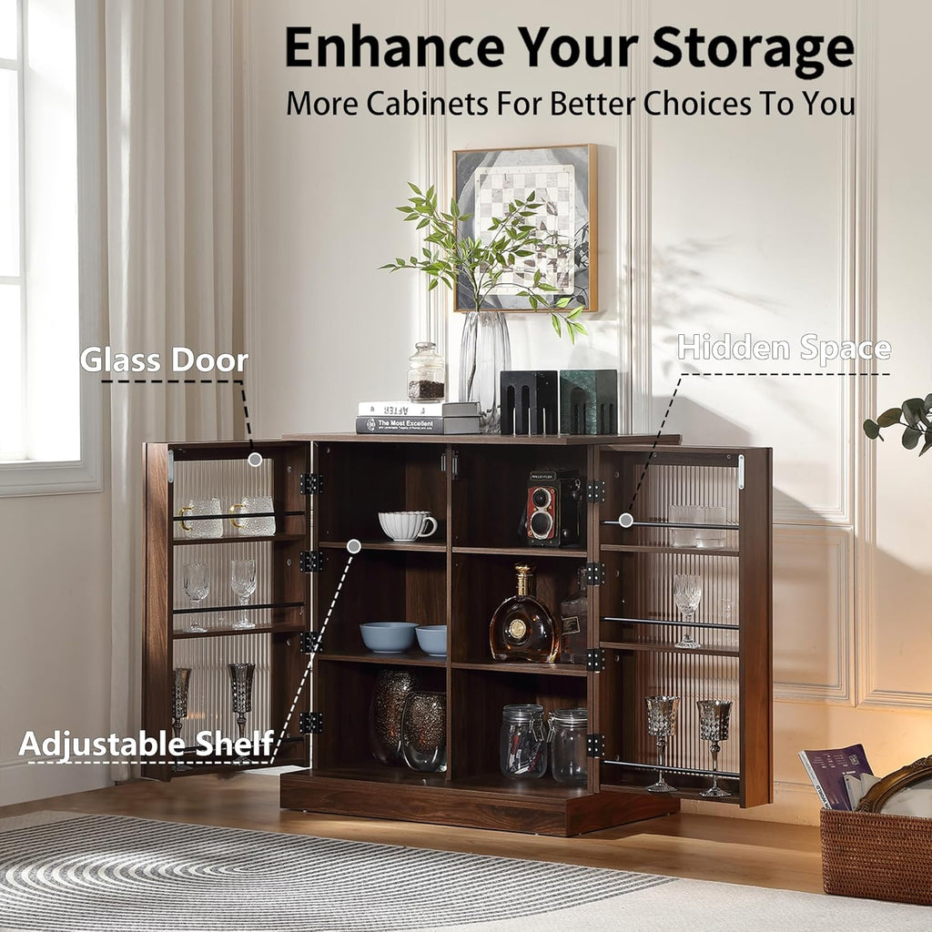 FOREST GRAVITY 34.6 inch Kitchen Pantry Storage Cabinet with 6 Built-in Racks for Better Storage, Modern Pantry Cabinet with Adjustable Shelves and Glass Doors,Wind Red