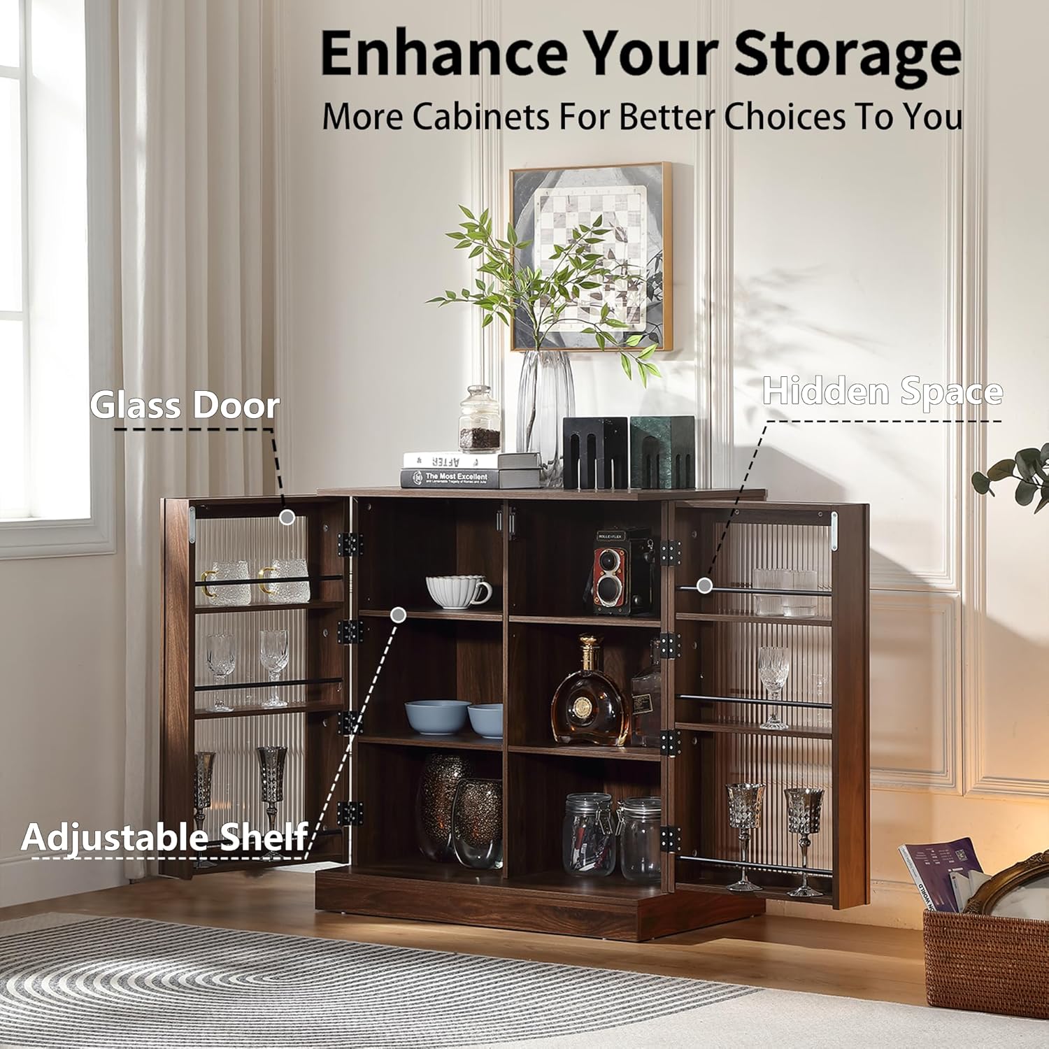 FOREST GRAVITY 34.6 inch Kitchen Pantry Storage Cabinet with 6 Built-in Racks for Better Storage, Modern Pantry Cabinet with Adjustable Shelves and Glass Doors,Wind Red