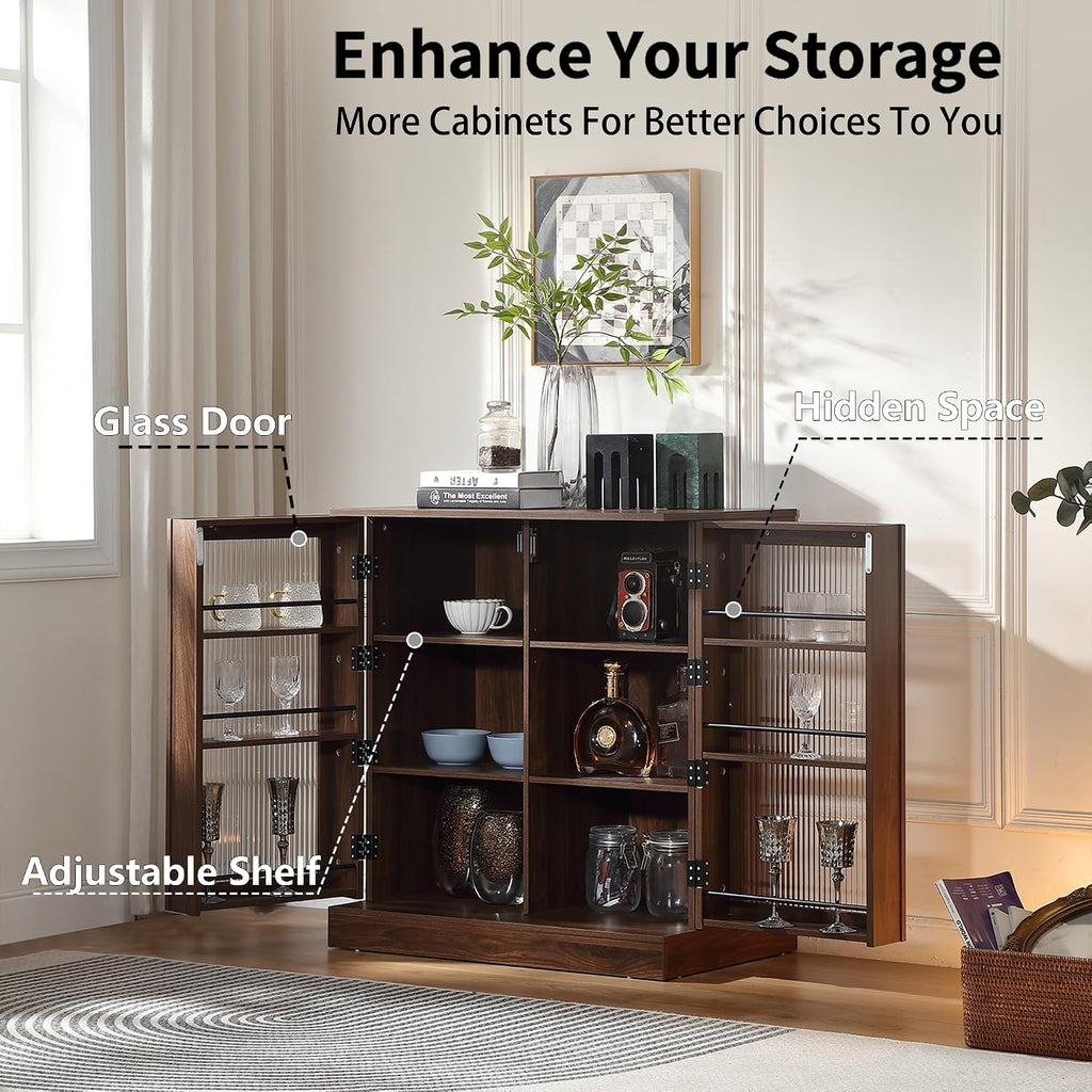 FOREST GRAVITY 34.6 inch Kitchen Pantry Storage Cabinet with 6 Built-in Racks for Better Storage, Modern Pantry Cabinet with Adjustable Shelves and Glass Doors,Wind Red