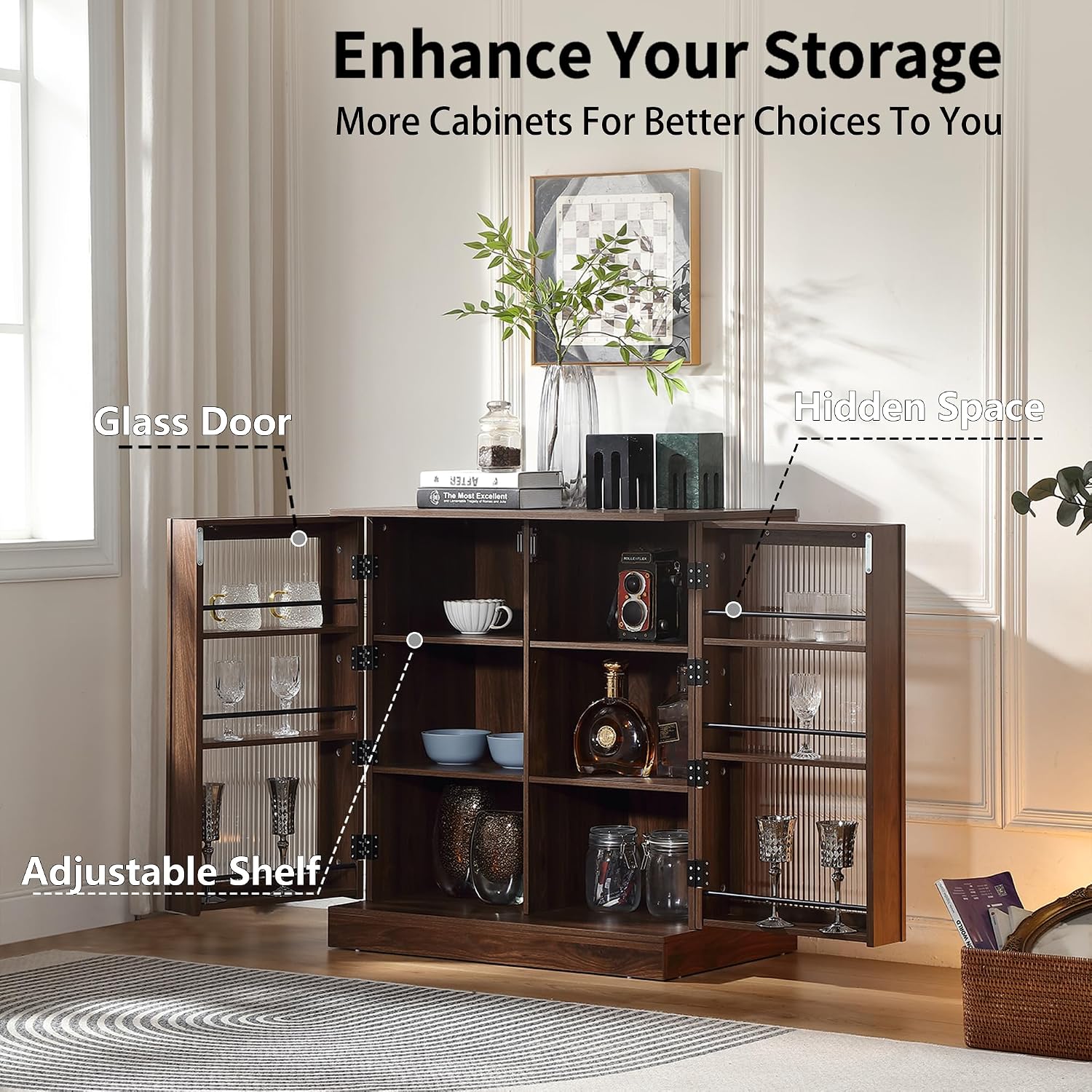 FOREST GRAVITY 34.6 inch Kitchen Pantry Storage Cabinet with 6 Built-in Racks for Better Storage, Modern Pantry Cabinet with Adjustable Shelves and Glass Doors,Wind Red