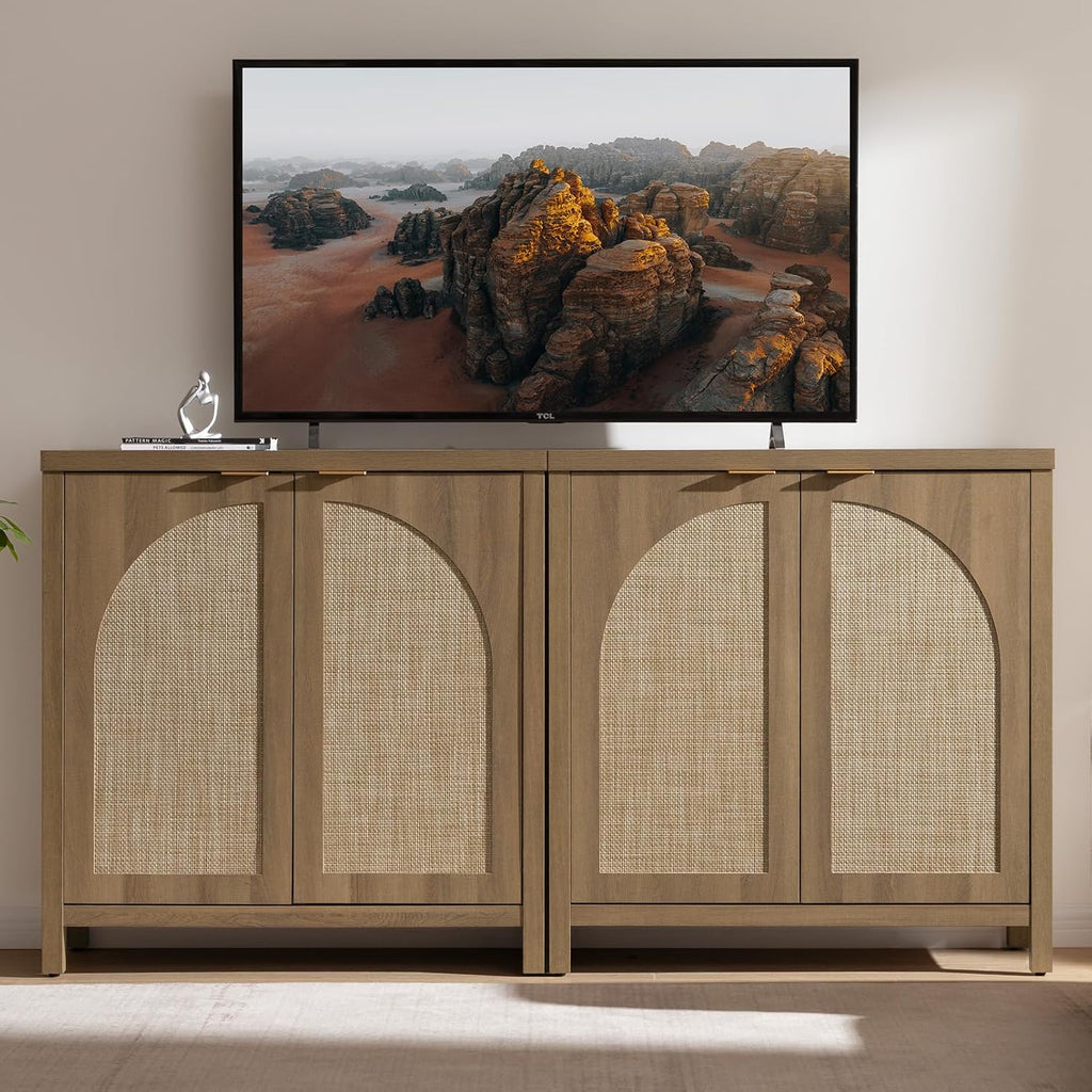 SICOTAS 68" W Rattan Sideboard Buffet Cabinet with Storage Set of 2, Mid Century Modern Credenza with Arch Doors & Shelves Farmhouse Coffee Bar Media Console Cabinets for Living Room, Entryway