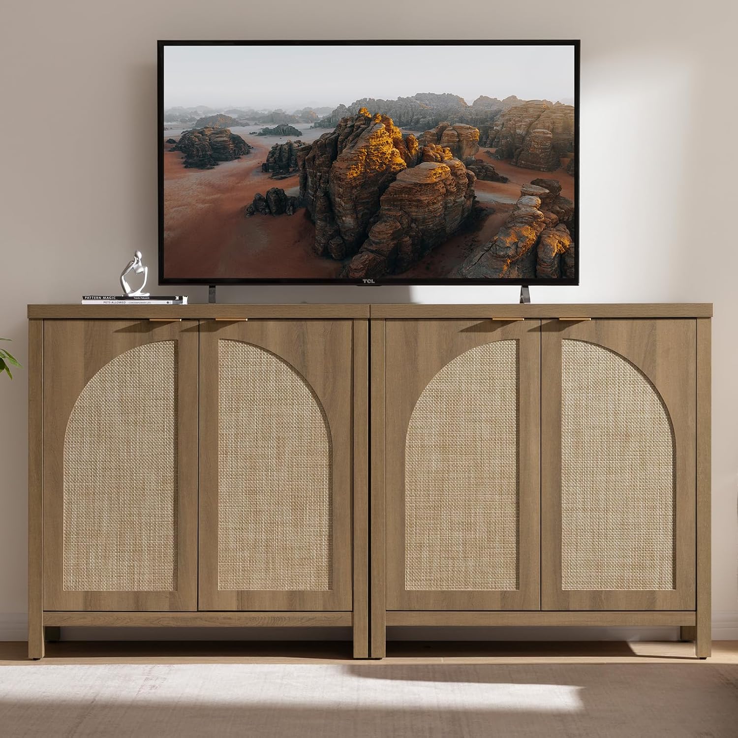 SICOTAS 68" W Rattan Sideboard Buffet Cabinet with Storage Set of 2, Mid Century Modern Credenza with Arch Doors & Shelves Farmhouse Coffee Bar Media Console Cabinets for Living Room, Entryway