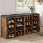 Shoe Rack Bench, Shoe Storage Bench with Cushion, Shoe Organizer 16 Cubbies for Entryway Hallway Bedroom Living Room, Holds Up to 400lbs