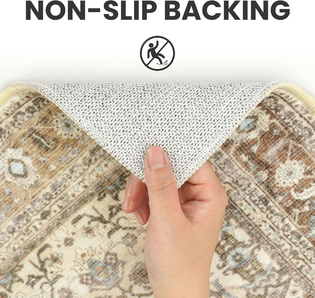 SIILOOM 2x3 Washable Rug Soft Area Rug for Entryway, Beige Brown Non-Slip Indoor Door Mat Tribal Floral Low-Pile Kitchen Rugs, Vintage Tribal Carpet for Entrance Kitchen Farmhouse