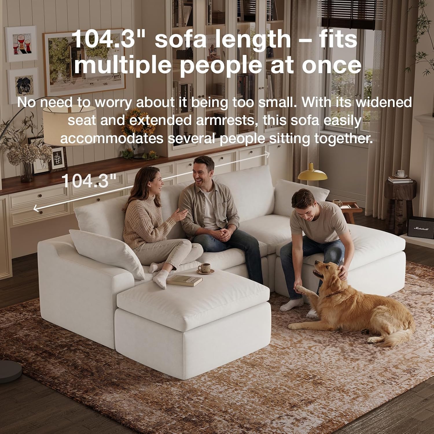 Novilla 104.3" Modular Cloud Couch, Modern Sectional Sofa with Smarts Coil® Support, Chenille Fabric, Upholstered Couch for Living Room Apartments Bedroom, No Assembly, 3 Seater + 1 Ottoman, White