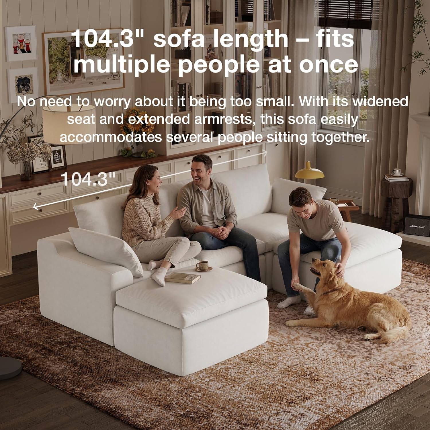 Novilla 104.3" Modular Cloud Couch, Modern Sectional Sofa with Smarts Coil® Support, Chenille Fabric, Upholstered Couch for Living Room Apartments Bedroom, No Assembly, 3 Seater + 1 Ottoman, White