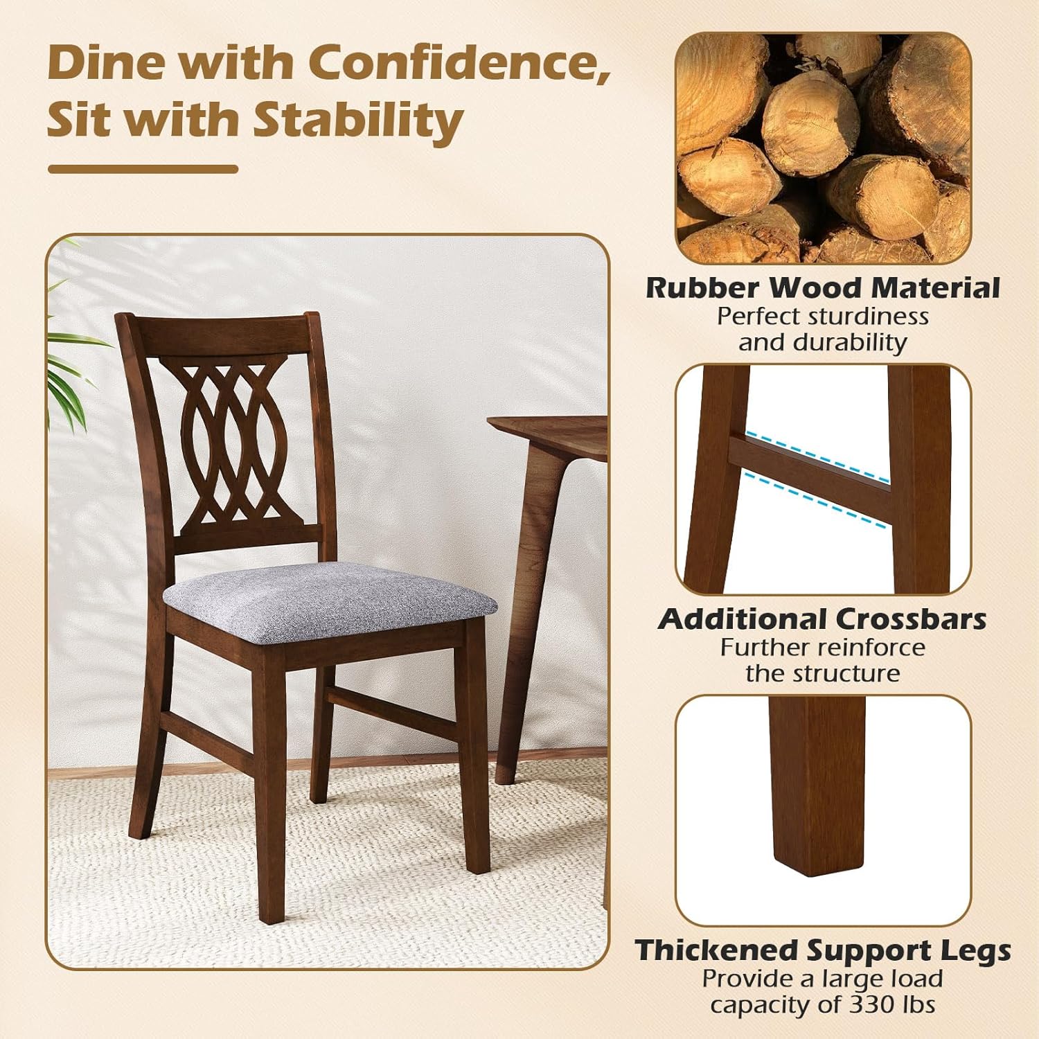 GOFLAME Wooden Dining Chairs Set of 4, Fabric Upholstered Kitchen Chairs with Padded Seat and Rubber Wood Frame, Farmhouse Armless Side Chairs for Dining Room, Living Room, Restaurant