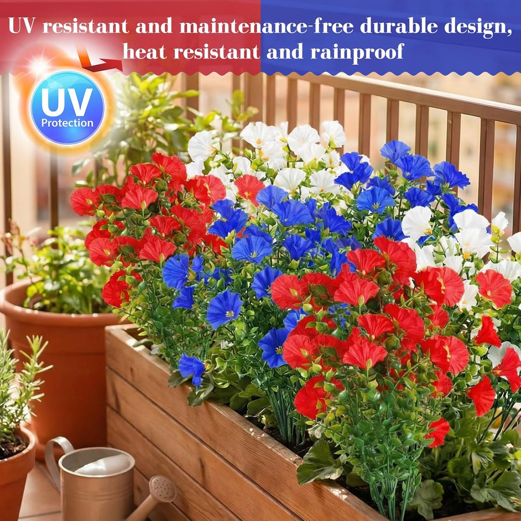 12 Pcs Red White Blue Artificial Flower Outdoor UV Resistant Petunias Patriotic Silk Flower 4th of July Decor USA Independence Short Stem Faux Cemetery Flowers Pot Window Garden 250 Anniversary Decor