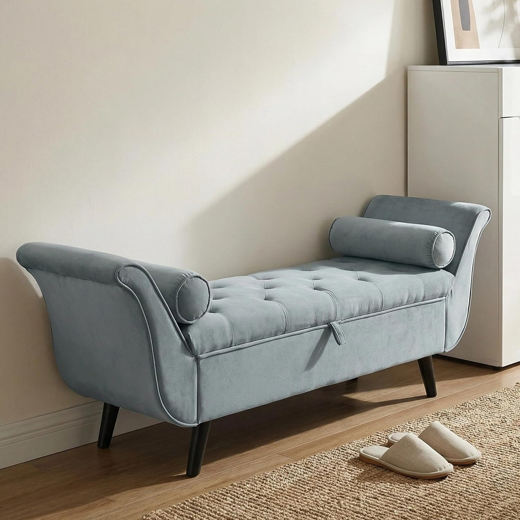65" Velvet Storage Bench, 65" Vintage Upholstered Rolled Armed Button Tufted Stool Bench for Bedroom, Living Room, Entryway, Hallway, Dressing Room (Light Grey)