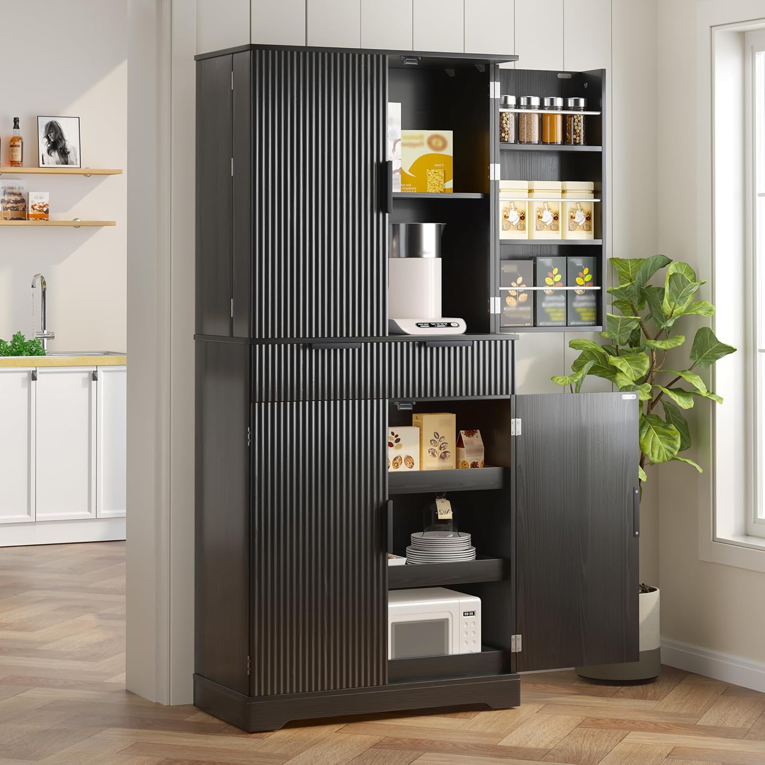 72'' Kitchen Pantry Storage Cabinet, Pantry Storage Cabinet with 3 Keyboard Drawers and 6 Door Shelves Adjustable, Freestanding Buffet Cabinet for Bathroom, Diningroom (Black)