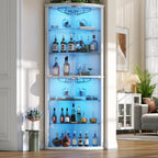 Loomie 70" Corner Bar Cabinet with LED Lights, 6-Tier Modern Wine Cabinet with Glass Door & Glass Holder, Tall Home Bar Liquor Cabinet with Adjustable Shelves for Dining Room, Living Room (White)