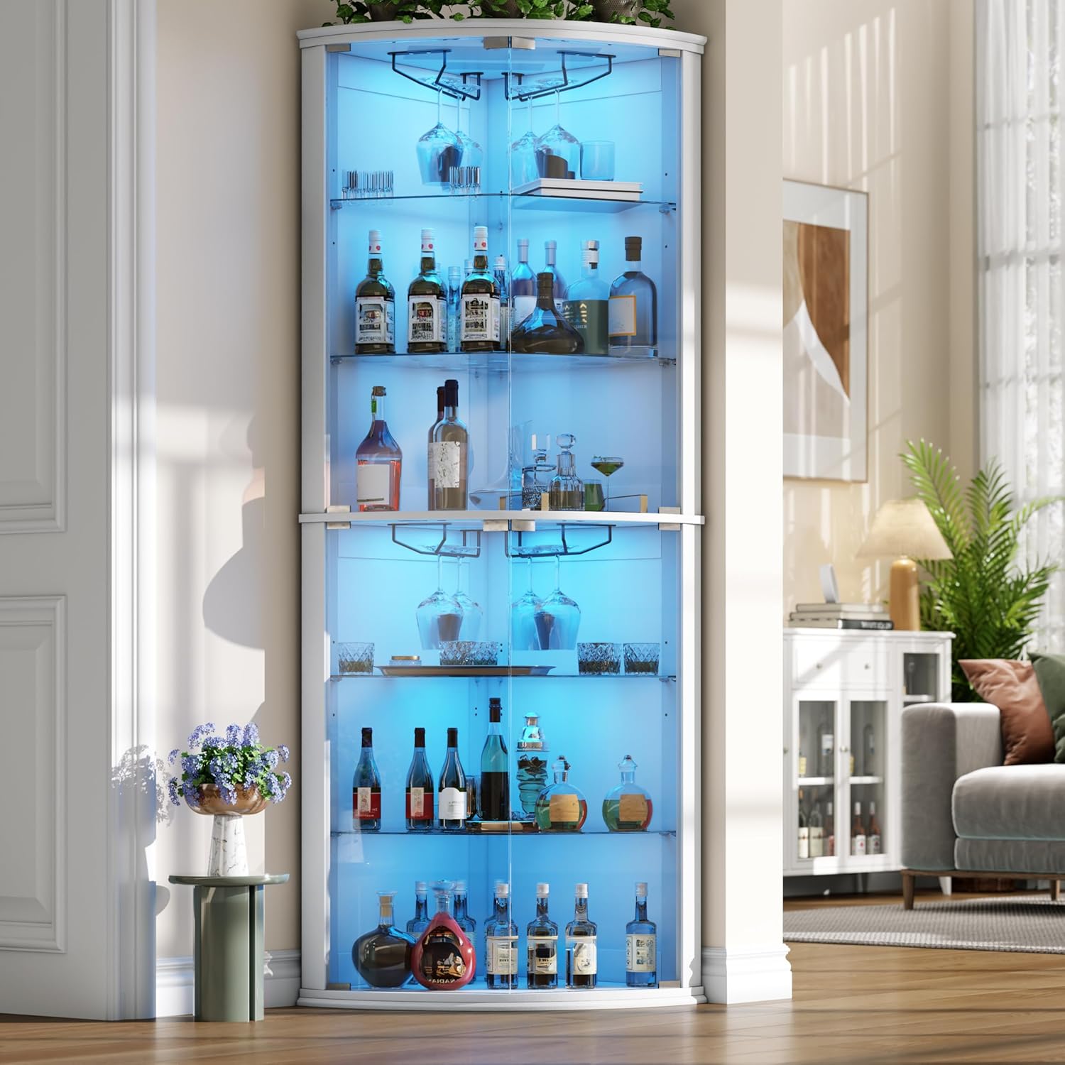 Loomie 70" Corner Bar Cabinet with LED Lights, 6-Tier Modern Wine Cabinet with Glass Door & Glass Holder, Tall Home Bar Liquor Cabinet with Adjustable Shelves for Dining Room, Living Room (White)