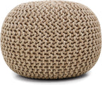 · REDEARTH · Round Pouf Ottoman - Hand Knitted Boho Poof - Beige Ivory | 100% Cotton, 18"x18"x14"; Doubles as Footstool, Foot Rest; Great for Living Room, Bedroom, Nursery, Patio, Dorm, Lounge