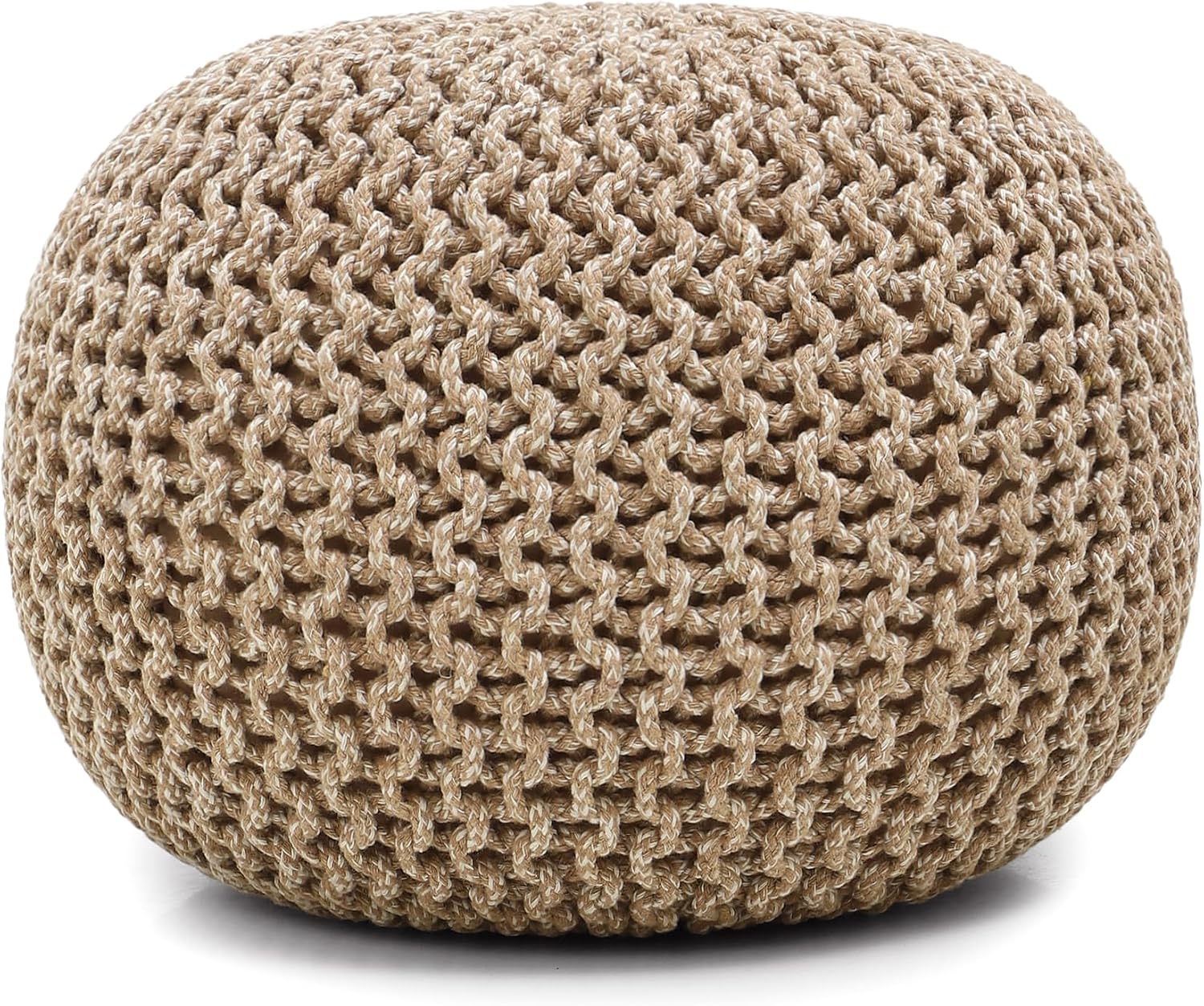 · REDEARTH · Round Pouf Ottoman - Hand Knitted Boho Poof - Beige Ivory | 100% Cotton, 18"x18"x14"; Doubles as Footstool, Foot Rest; Great for Living Room, Bedroom, Nursery, Patio, Dorm, Lounge