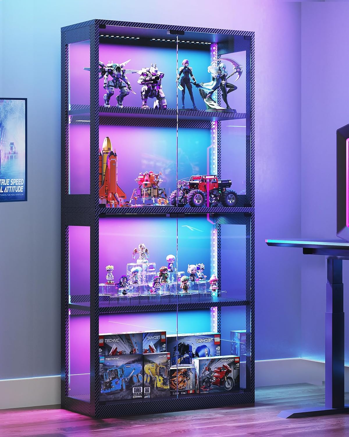 AODK Display Cabinet with Glass Door, 4-Tier Display Case with LED Lights, Display Shelf for Storage, Curio Cabinet for Collectibles, Living Room