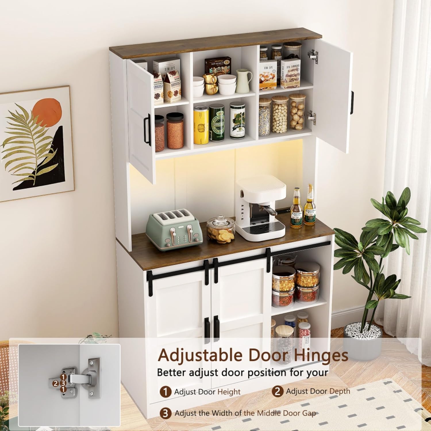 74 Inch Tall Freestanding Pantry Storage Cabinet Cupboard Unit, Six Doors, Dual Drawers, Triple Shelves, Integrated Power Outlets USB Charging, Versatile Wardrobe Hutch Organizer Furniture (White B)