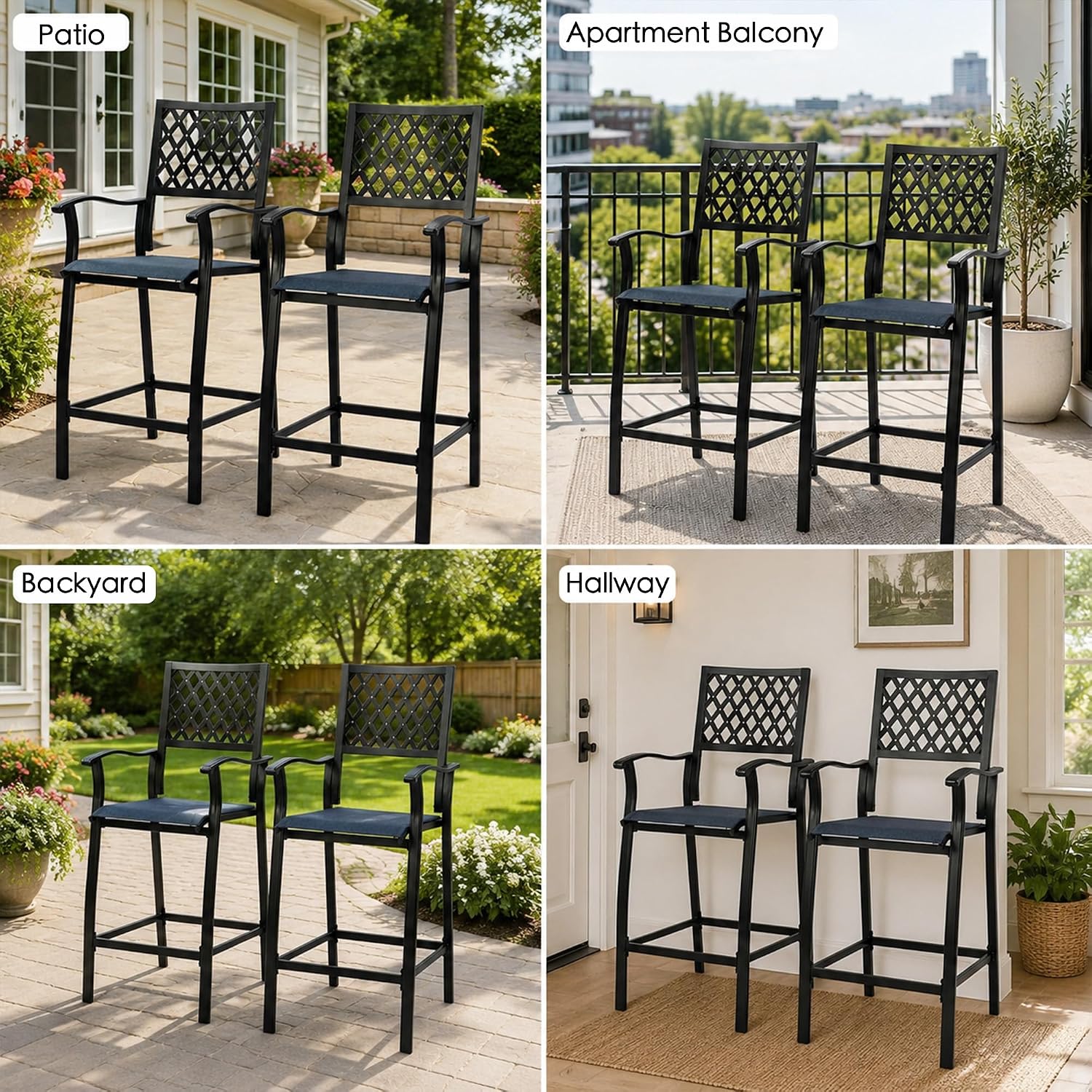 Kozyard Outdoor Counter Height Bar Stools Set of 2, Patio Bar Chairs with Wrought Iron Frame & Textilene Fabric, Outdoor Dining Chairs for Patio, Poolside, Backyard Navy Blue