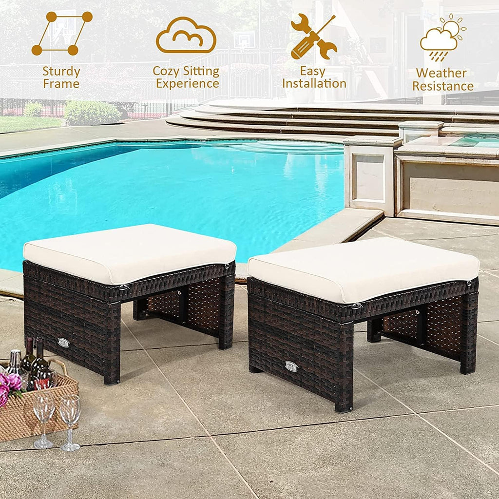 DORTALA Outdoor Ottoman Wicker 2 Piece, Patio Ottomans PE Rattan Foot Rest Footstool with Cushions for Garden, Poolside, White