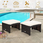 DORTALA Outdoor Ottoman Wicker 2 Piece, Patio Ottomans PE Rattan Foot Rest Footstool with Cushions for Garden, Poolside, White
