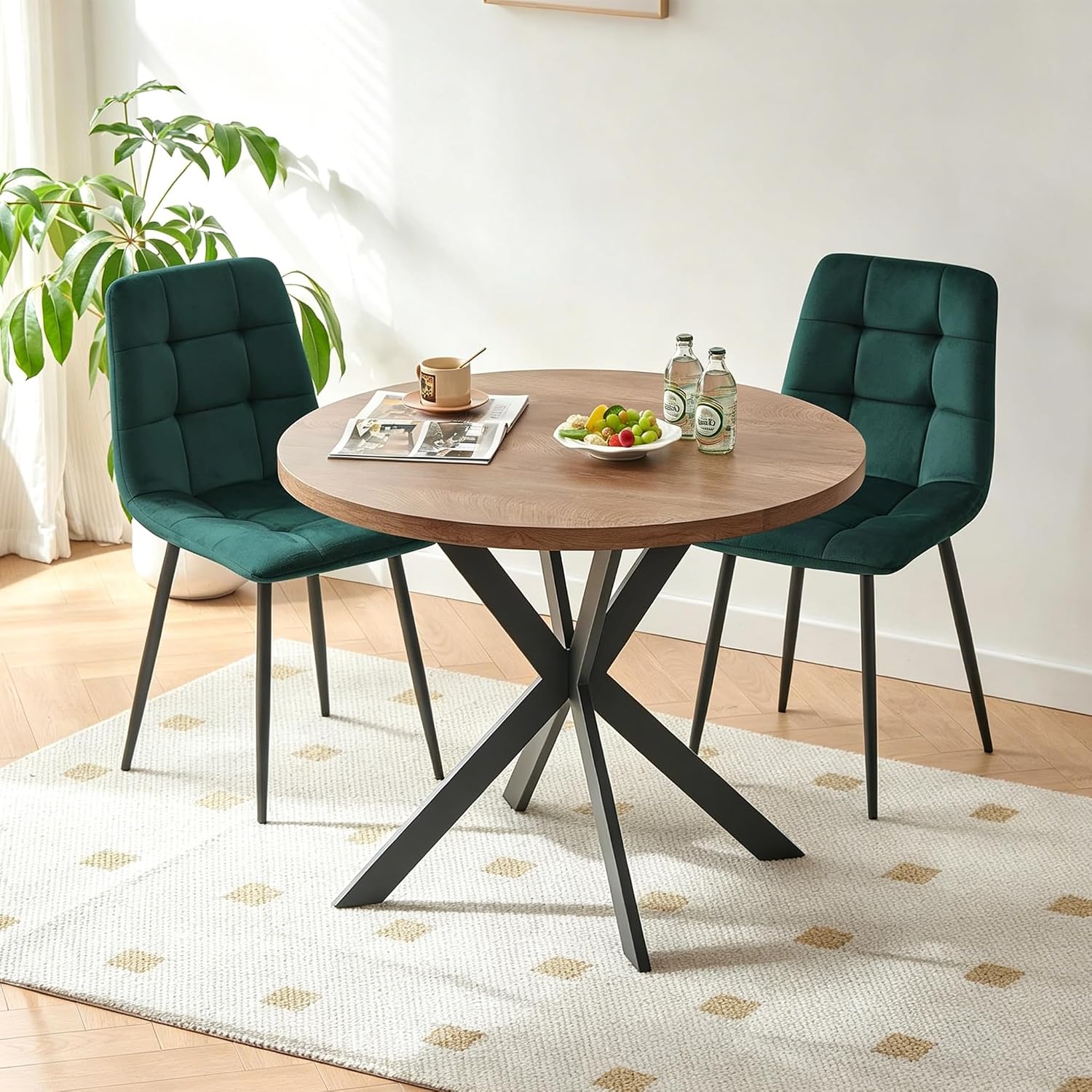 Homedot Round Dining Table Set for 2 with Green Chairs, Modern Mid Century Kitchen Table Chairs Set for Dining Room, 37-Inch Circle Dining Set with Upholstered Chairs for Apartment/Restaurant