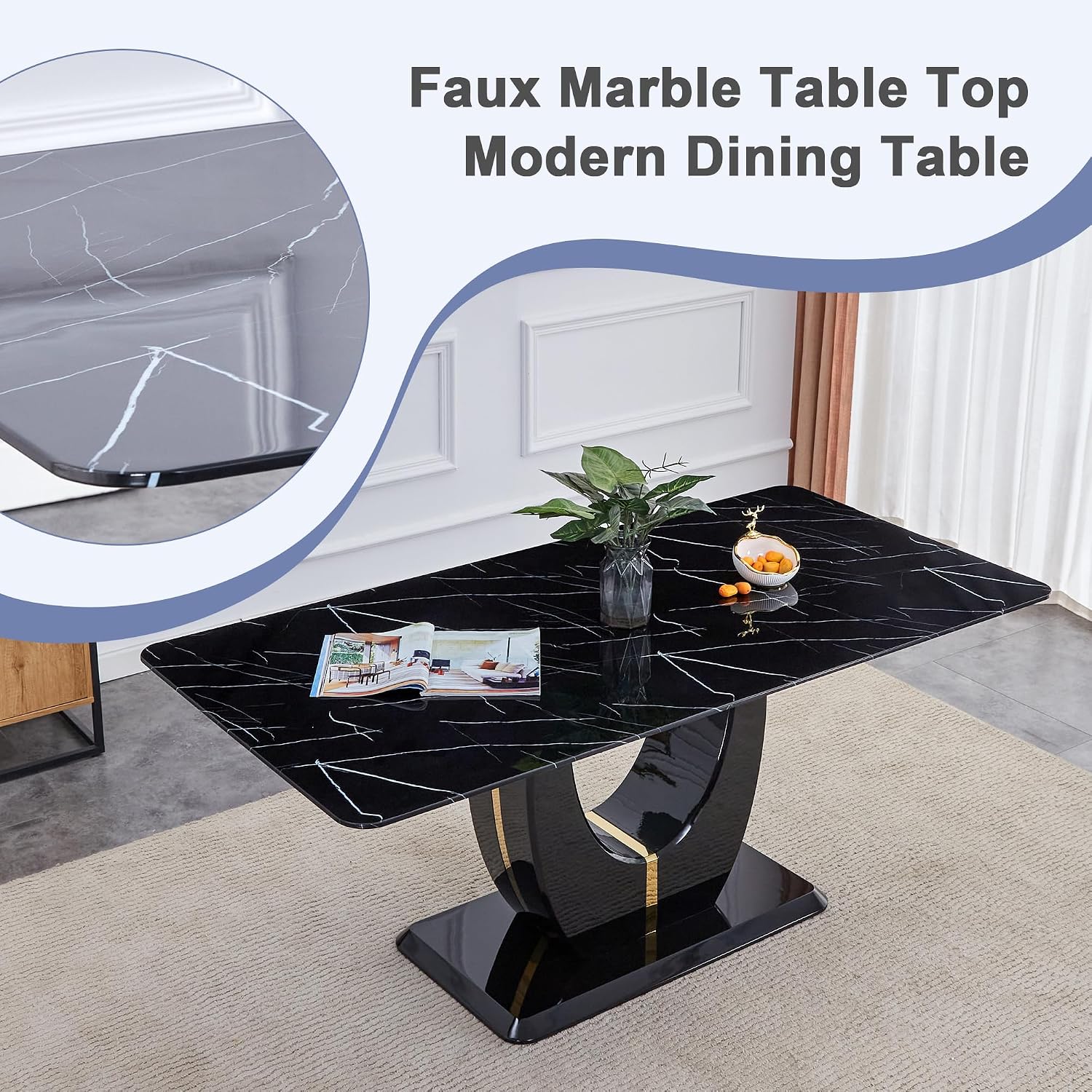 71" Modern Dining Table Set for 6, Black Faux Marble Dining Table with 6 Upholstered Chairs, Large Rectangle Kitchen Table Set, Tempered Glass Tabletop, U-Shaped Base, Ideal for Dining Room