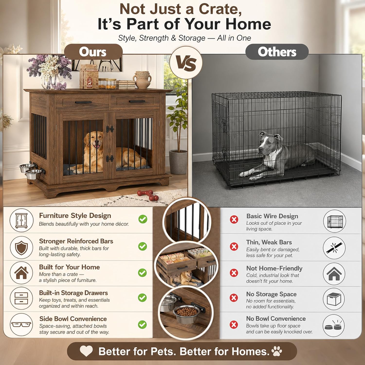 44.48" Large Dog Crate Furniture End Table (Brown) | 2 Storage Drawers, Rotating Removable Bowls, Lockable Double Doors, Reinforced Metal Bars