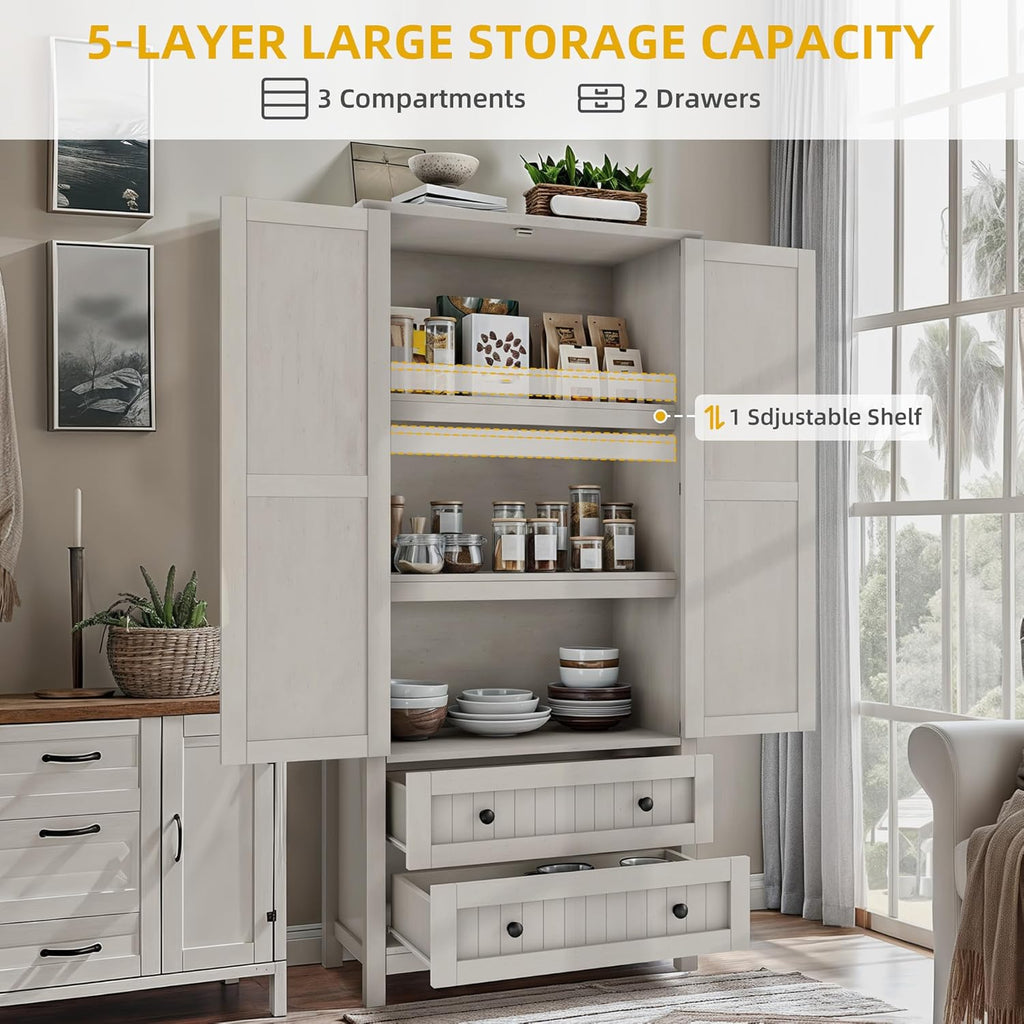 DWVO 64.5" H Kitchen Pantry Cabinet, Storage Cabinet with Barn Doors, 2 Drawers and Adjustable Shelves, Farmhouse Cupboard for Dining Room, Living Room, Bathroom, Off White