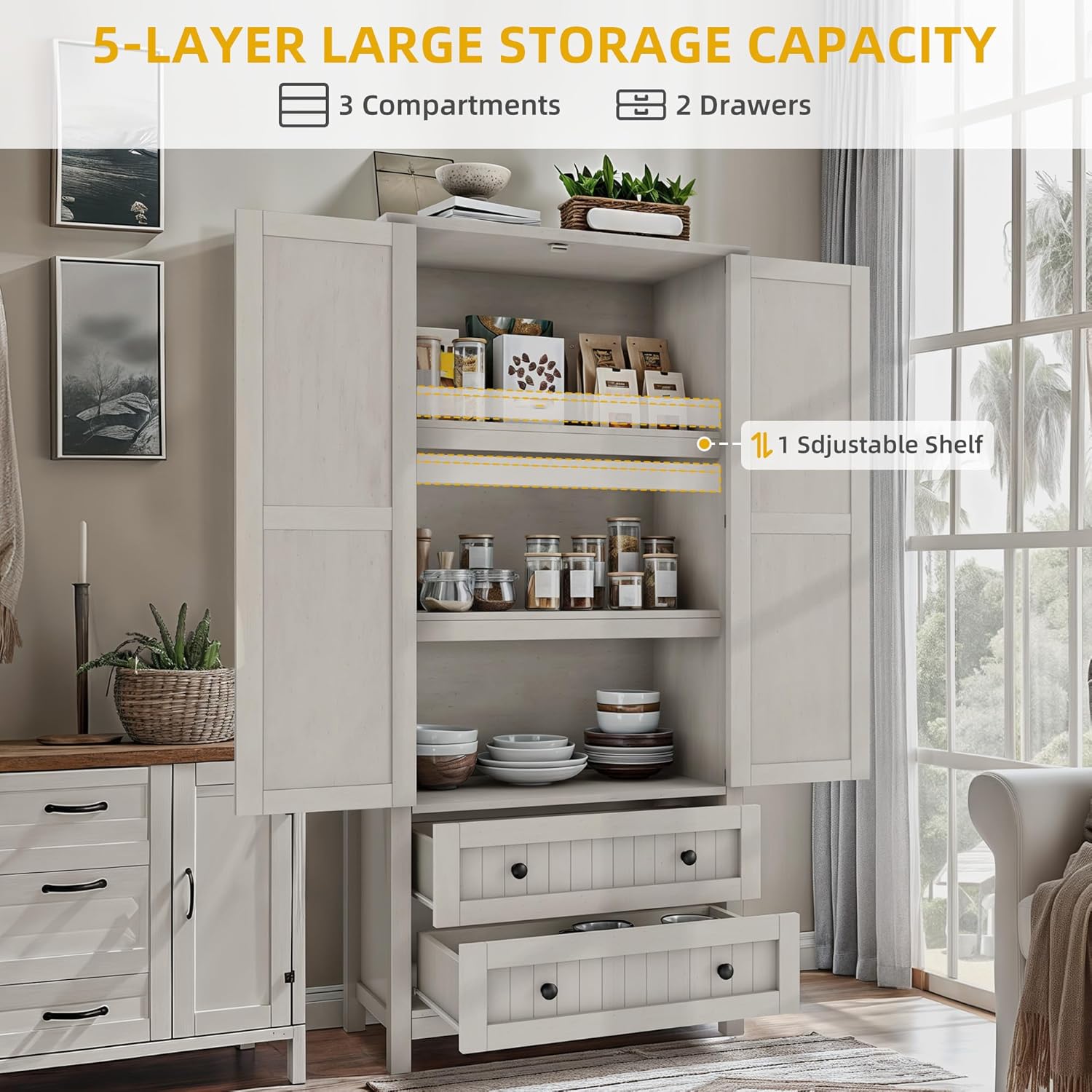 DWVO 64.5" H Kitchen Pantry Cabinet, Storage Cabinet with Barn Doors, 2 Drawers and Adjustable Shelves, Farmhouse Cupboard for Dining Room, Living Room, Bathroom, Off White