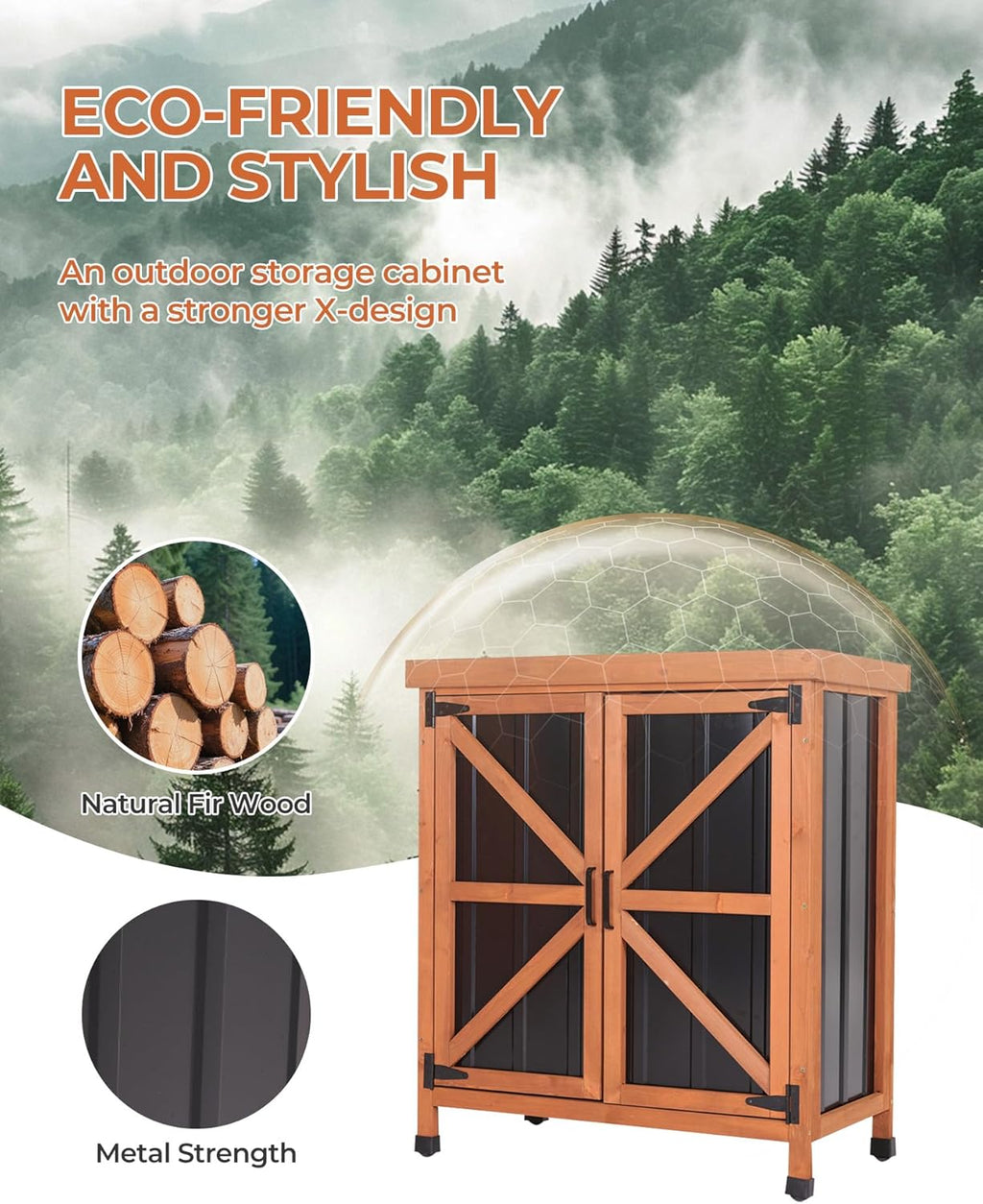 Black Metal Outdoor Storage Cabinet with X-Design Doors & Wood Frame, Metal Top Potting Bench Weatherproof for Patio, Garden & Backyard, 31.5"x 17.7"x 35.4"Tool Outdoor Shed