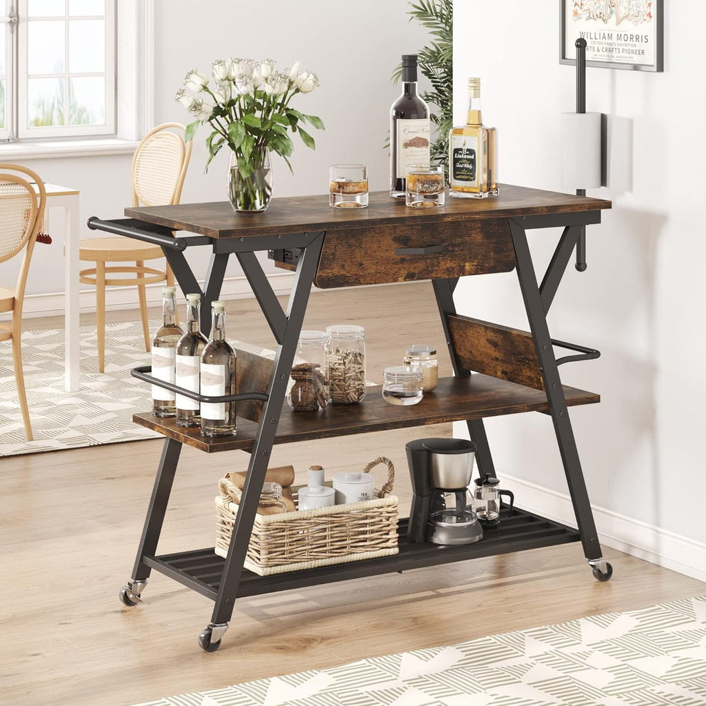 Bestier Coffee Bar Station, Kitchen Island Cart with Storage, Coffee Cart Station with Drawer,Paper Towel Holder and Lockable Wheels, Bar able for Dinning Room Living Room, Rustic Brown