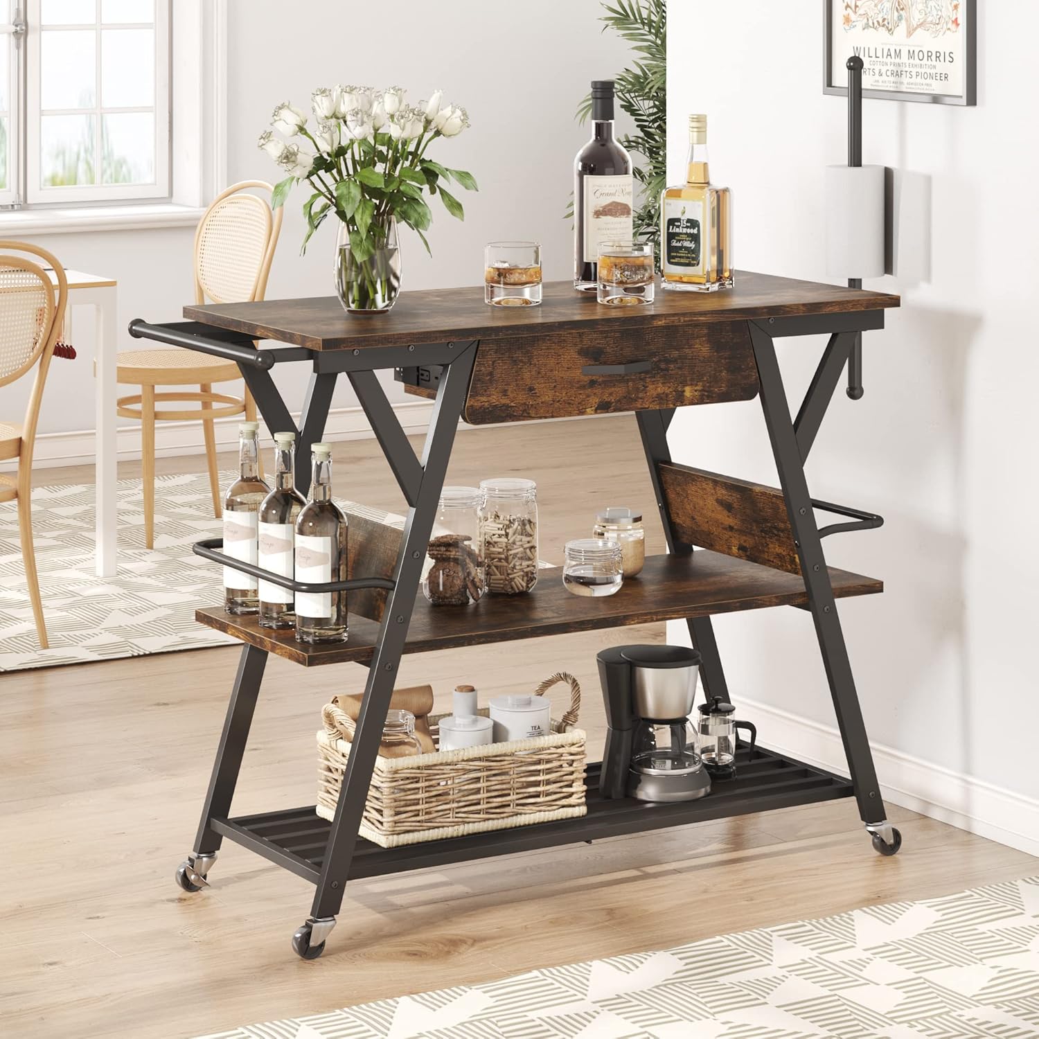 Bestier Coffee Bar Station, Kitchen Island Cart with Storage, Coffee Cart Station with Drawer,Paper Towel Holder and Lockable Wheels, Bar able for Dinning Room Living Room, Rustic Brown