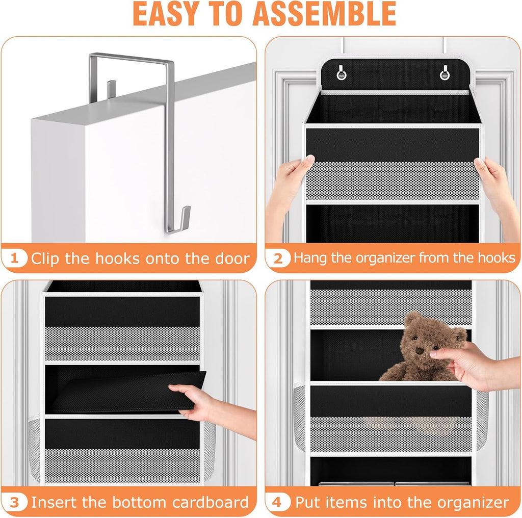 WISELIFE Over The Door Organizer Storage 4 Shelves Large Capacity Hanging Bedroom Storage Solution with 6 Side Pockets for Dorm Bathroom Pantry Nursery and Baby Essentials Holds up to 40 Lbs (Black)
