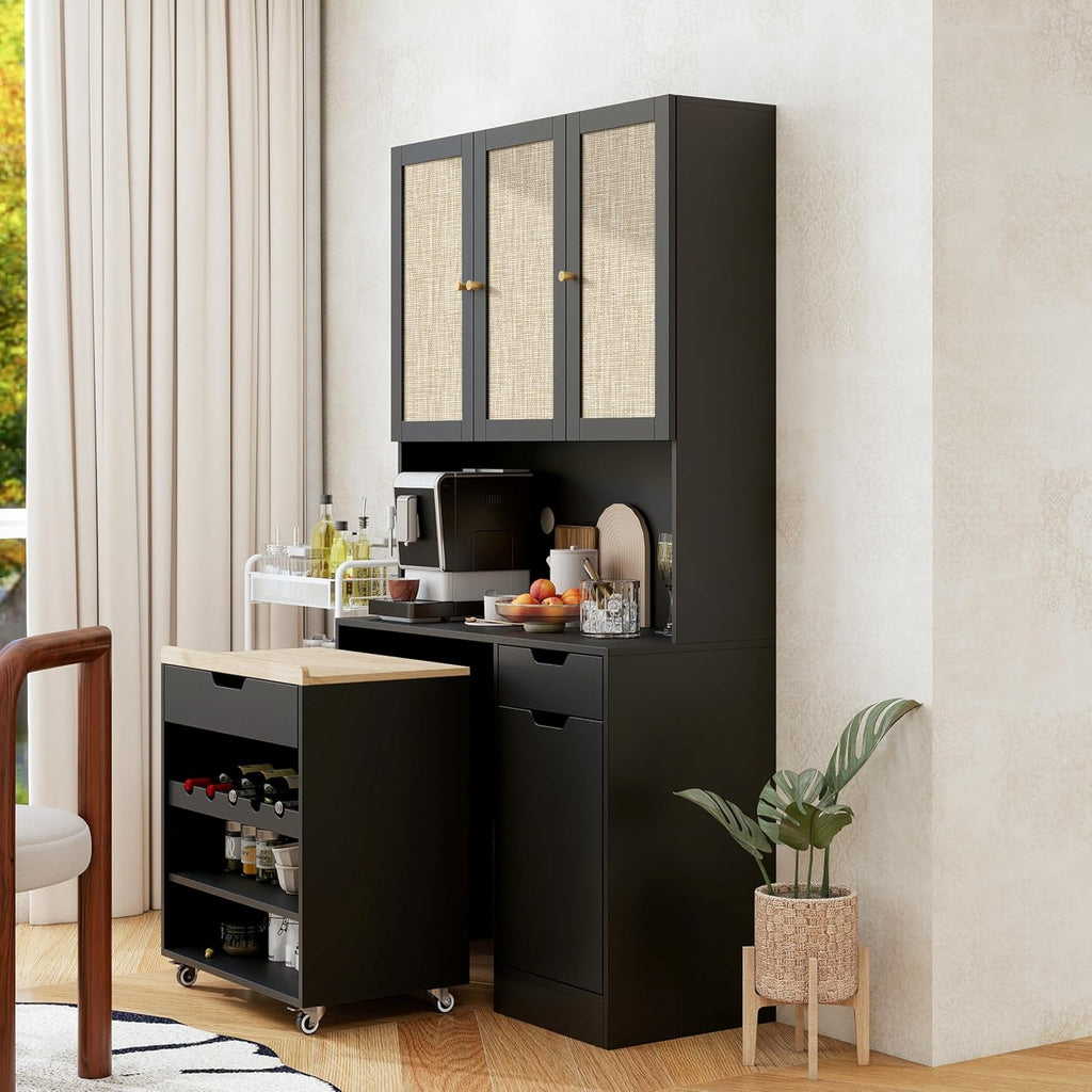 69" Kitchen Pantry Cabinet with Microwave Stand & Rolling Cart - Freestanding Storage Cabinet, 3 Rattan Doors, Adjustable Shelves, Anti-Tip Design for Kitchen, Dining Room, Black