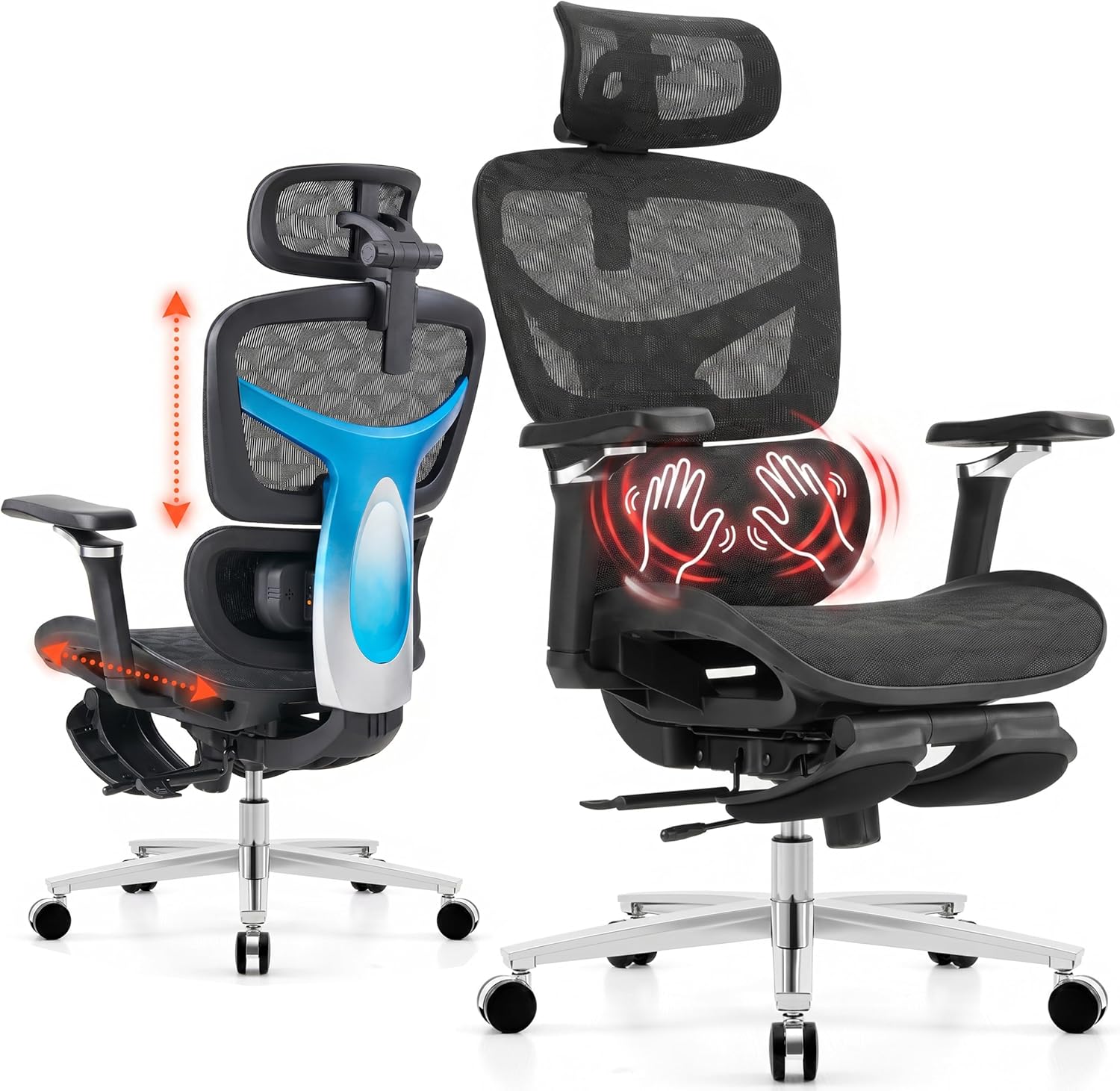Ergonomic Office Chair with Footrest & 3D Massage Lumbar Support, Adjustable Seat Depth & Back Height,Big and Tall,400lbs, 4D Headrest, 4D Armrests, Reclining Office Chair for Home Office (Black)